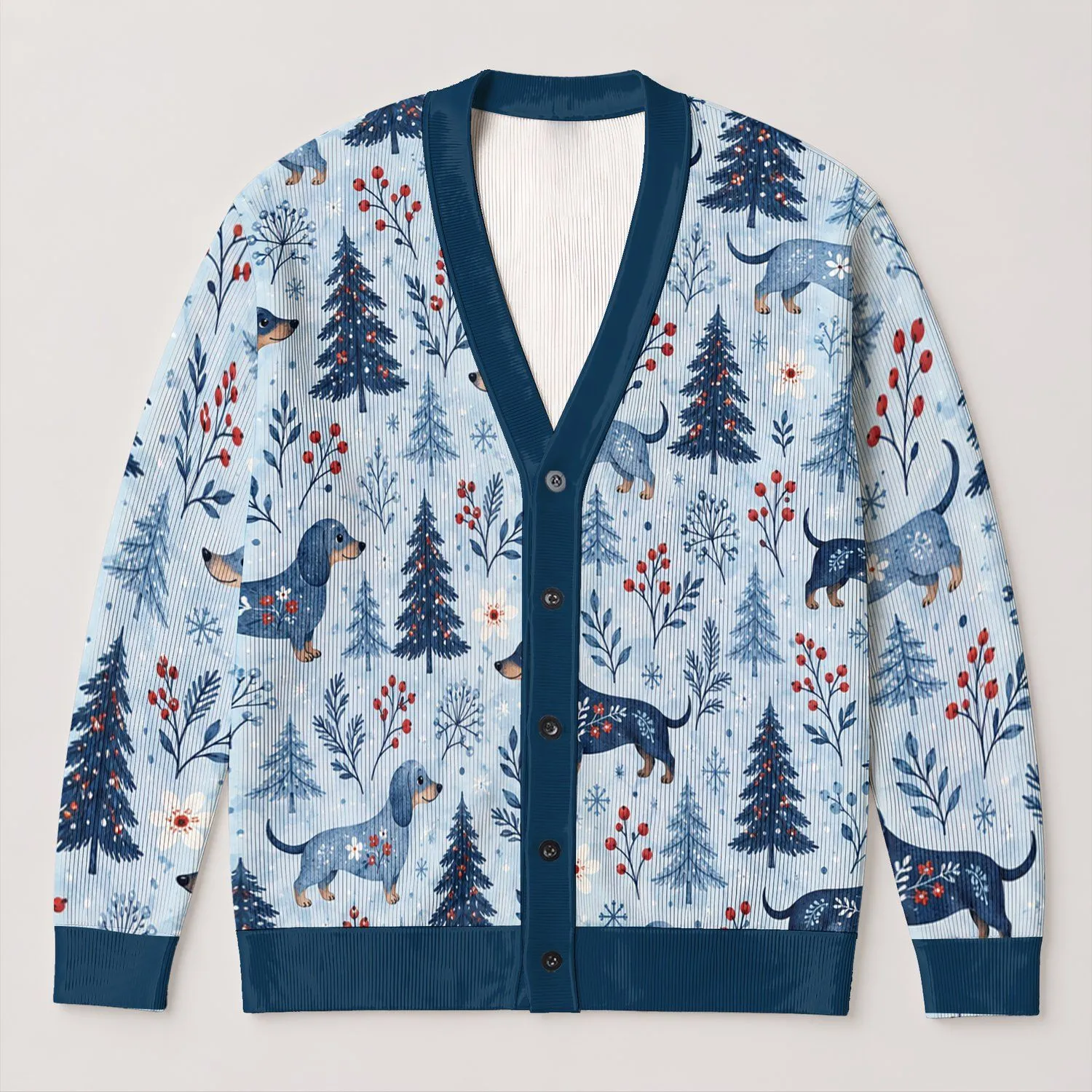 Blue Dachshund Christmas Trees Floral Winter Holiday Style for Women and Dog Lovers All-over Print Knitted Cardigan - 1