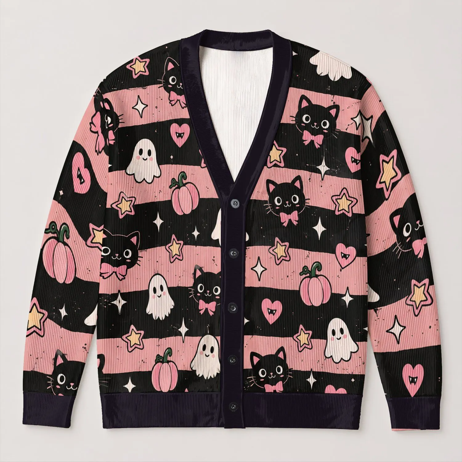 Cute Halloween Cats, Pumpkins and Ghosts for Cozy Fall Layering, Women and Teens All-over Print Knitted Cardigan - 1