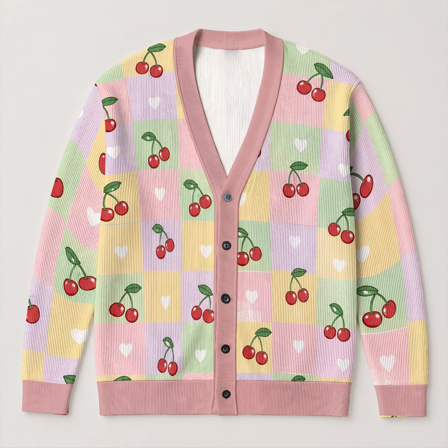 Pastel Cherry Hearts And Soft Checks For Casual Weekend Layering And Weekend Style All-over Print Knitted Cardigan - 1