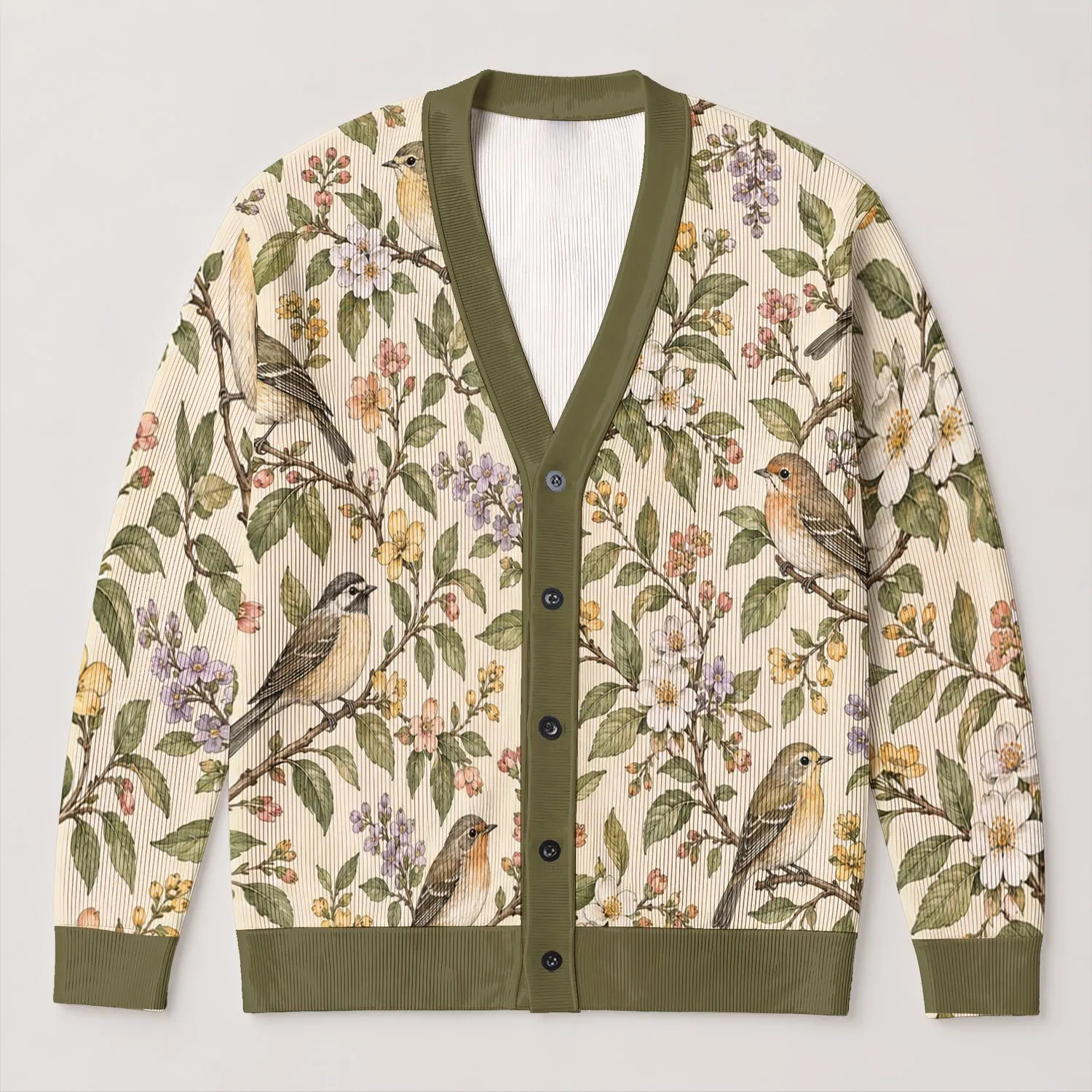 Songbird Floral Foliage For Relaxed Everyday Layering And Cottage Style Nature Lovers All-over Print Knitted Cardigan - 1