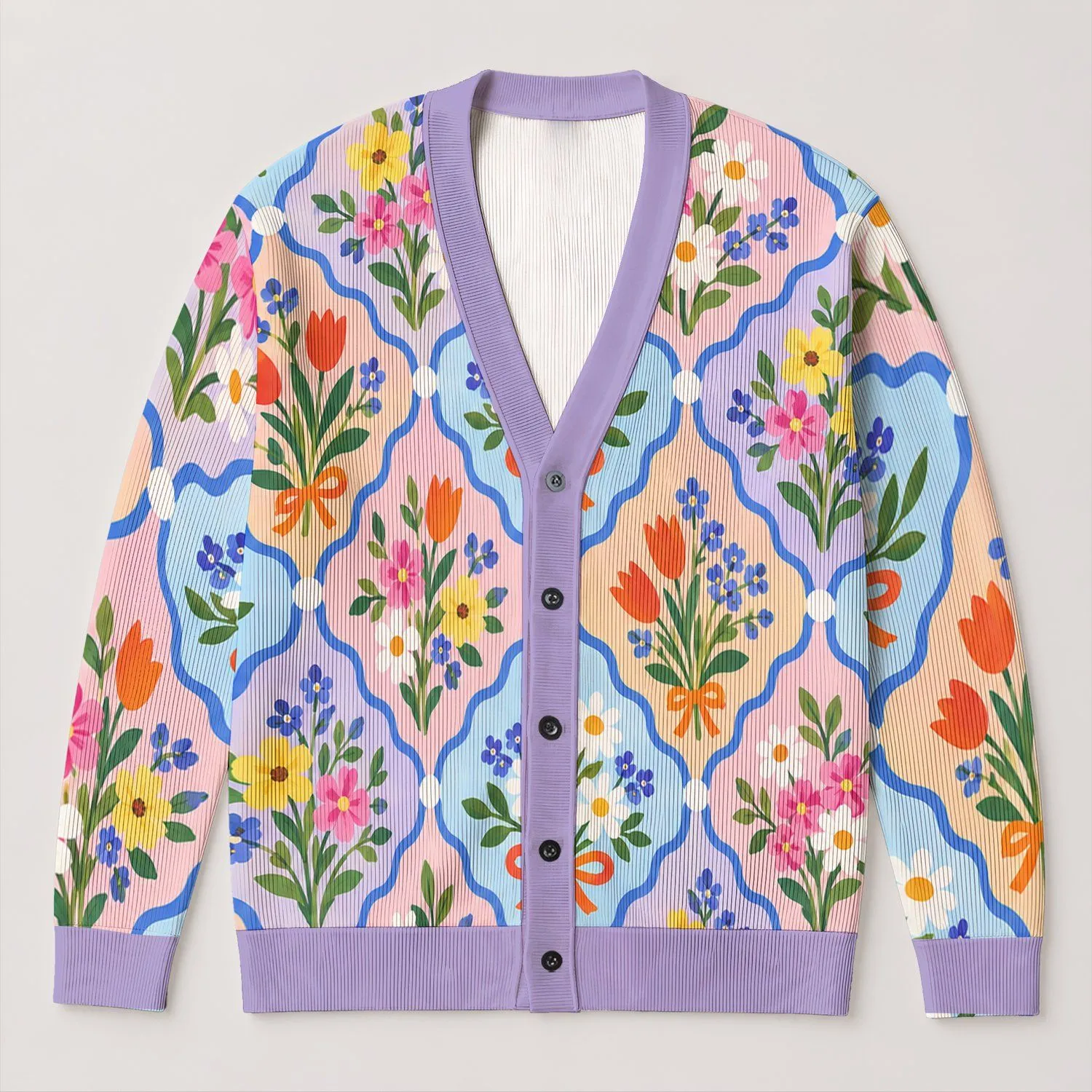 Pastel Floral Bow Motifs for Spring Layering, Casual Garden Style, and Everyday Wear All-over Print Knitted Cardigan - 1
