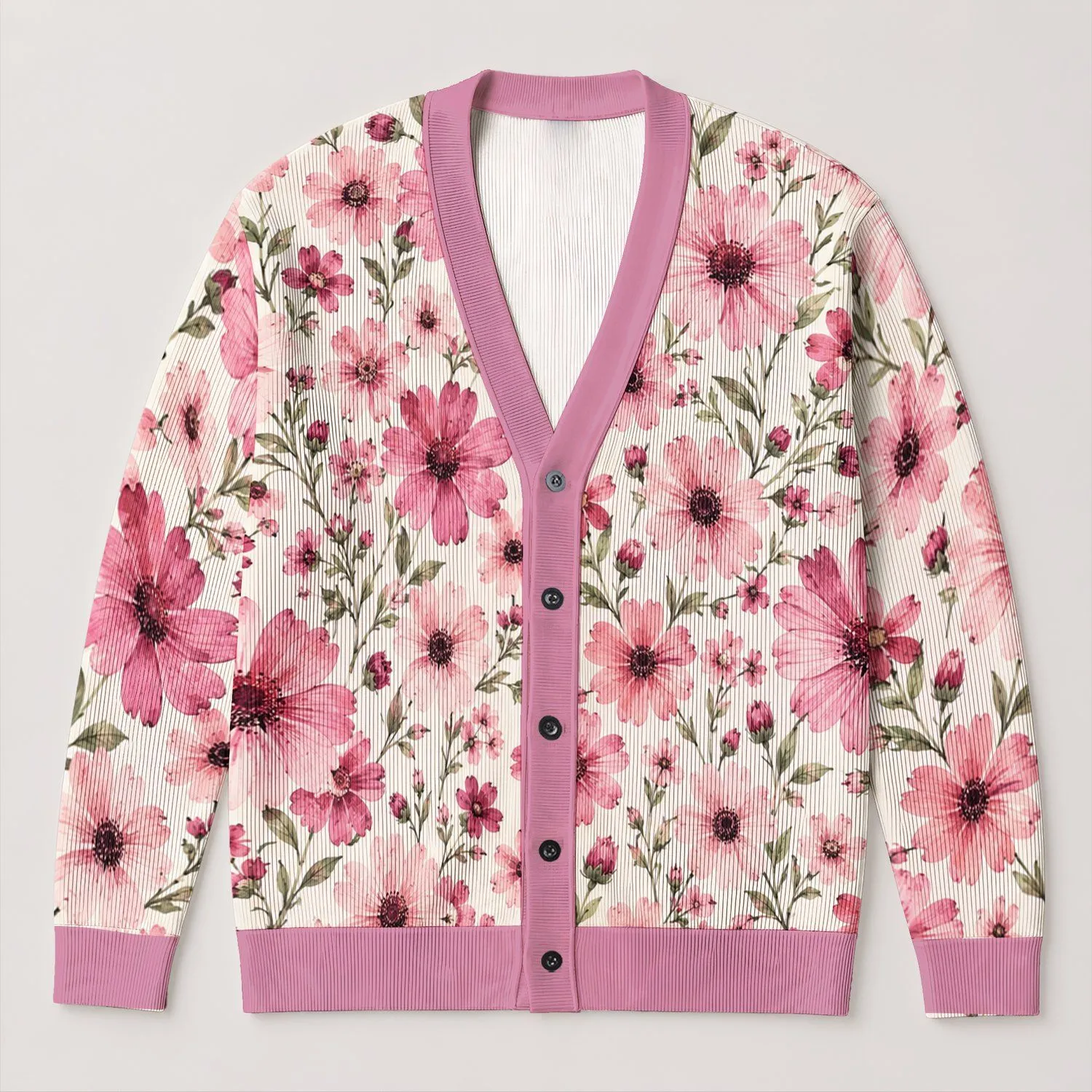 Pink Daisy Flowers for Cozy Fall Layering, Romantic Garden Style for Women Everyday Wear All-over Print Knitted Cardigan - 1