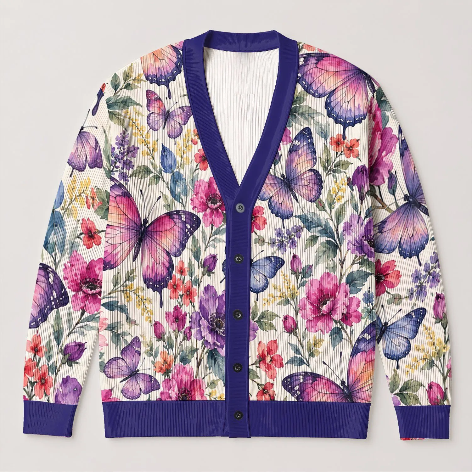 Pink Purple Butterfly Garden for Everyday Layering and Weekend Dates for Women Plus Size All-over Print Knitted Cardigan - 1