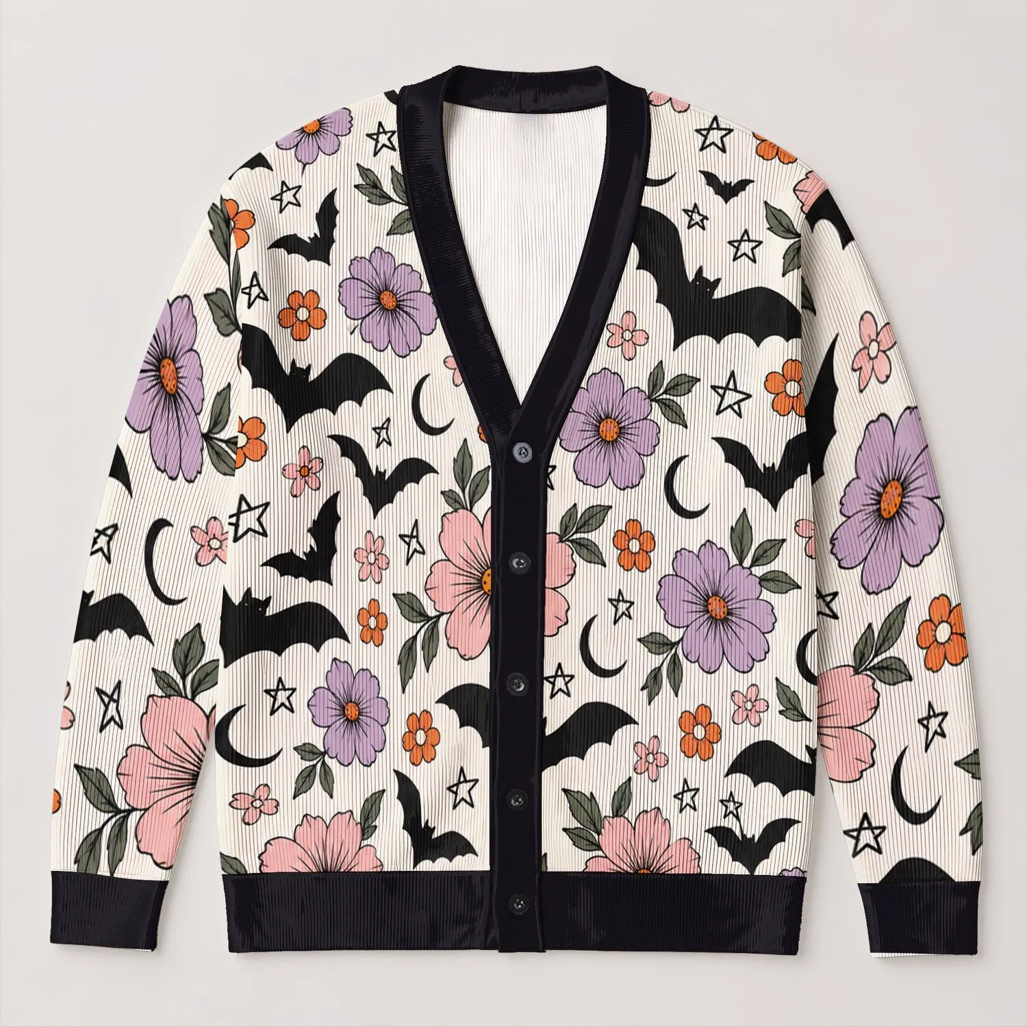 Black Bat Floral Halloween Moon Star Style for Festive Everyday Layering Women Adults All-over Print Knitted Cardigan - 1