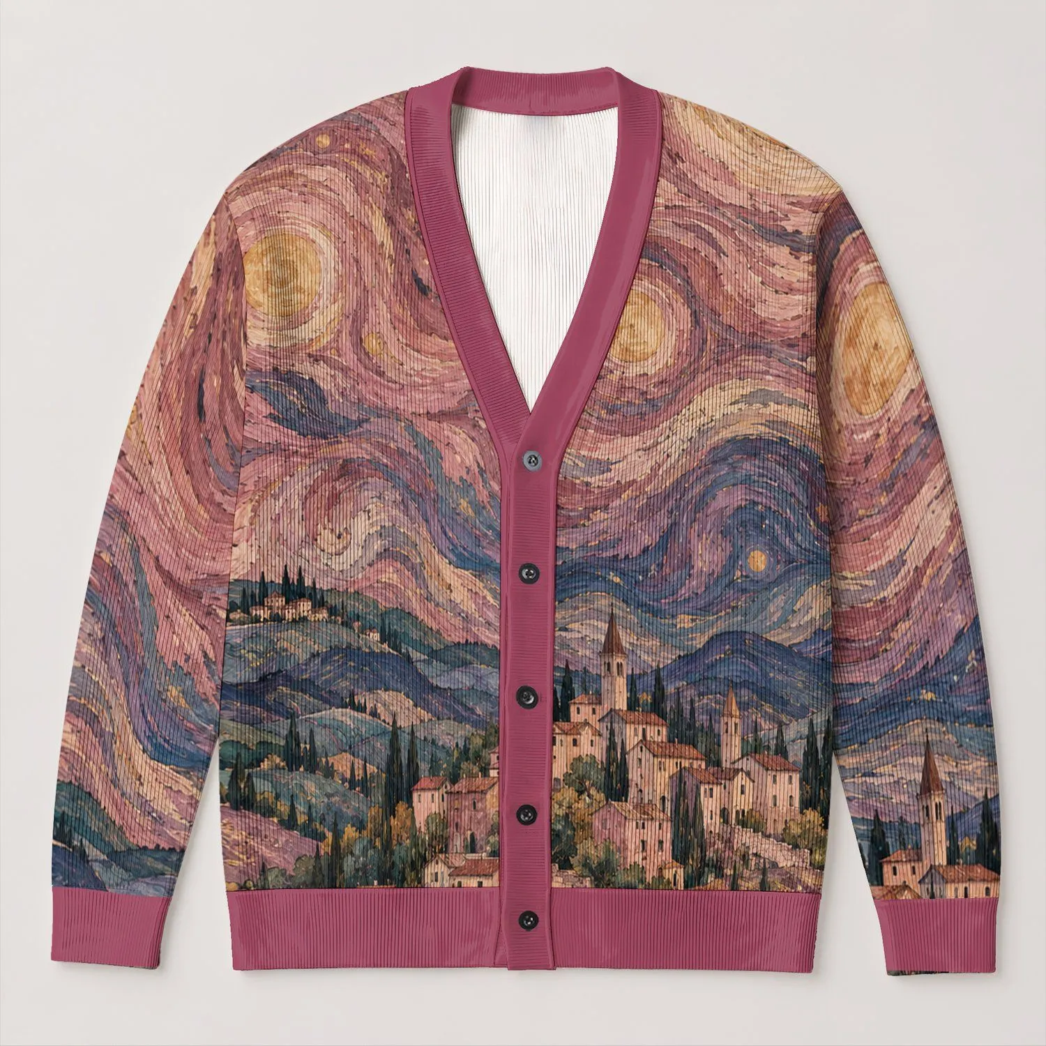 Pink Swirling Night Sky and Village Scene for Autumn Vacation Layering, Women All-over Print Knitted Cardigan - 1