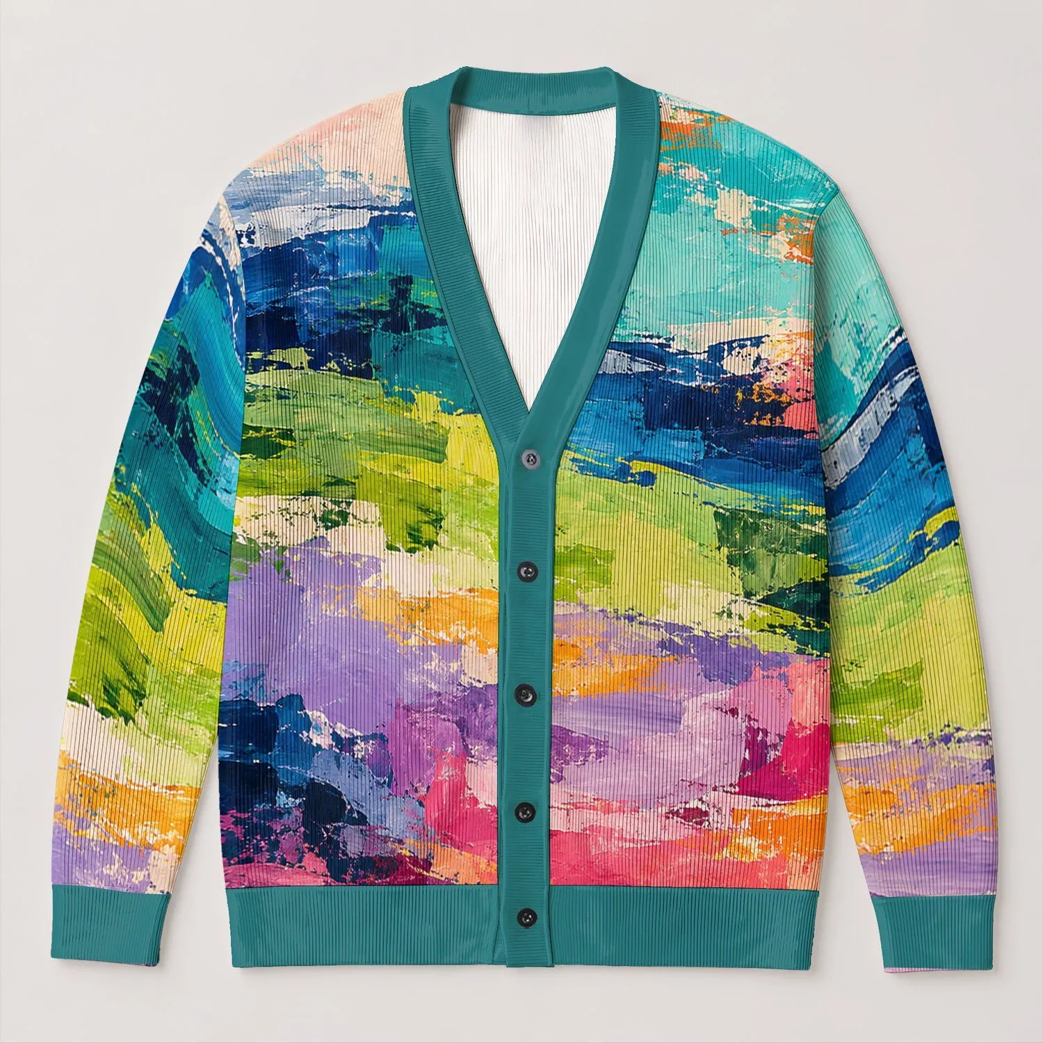 Abstract Color Block Layers for Autumn Vacation Style and Casual Weekend Wear Outfits All-over Print Knitted Cardigan - 1