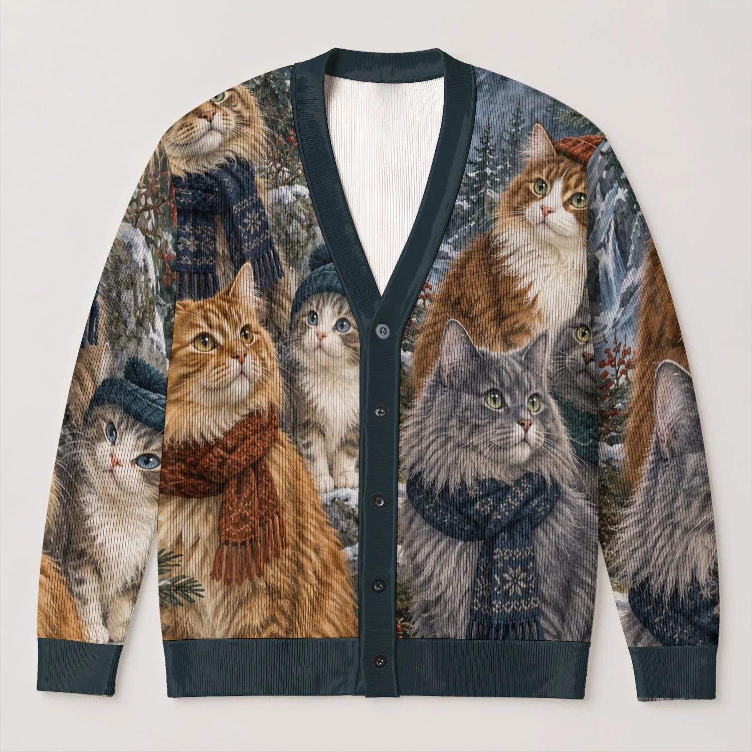Winter Forest Cats With Hats For Cozy Weekend Travel, Cat Lovers And Outdoor Escapes All-over Print Knitted Cardigan - 1