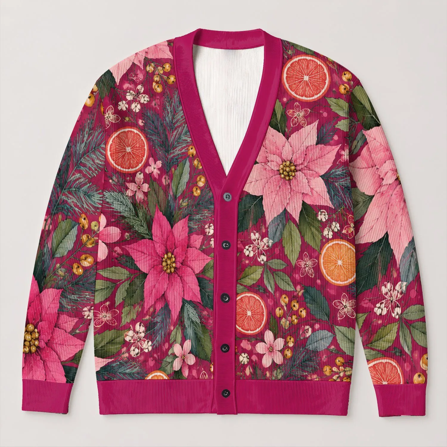 Magenta Floral Garden Blooms for Spring Layering and Everyday Style for Modern Women All-over Print Knitted Cardigan - 1