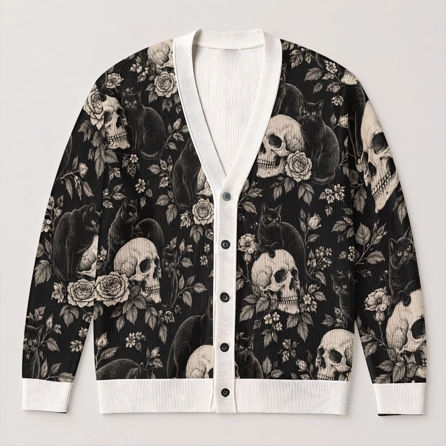 Skull Black Cat Halloween Gothic Style for Casual Layering and Night Out Fashion All-over Print Knitted Cardigan - 1