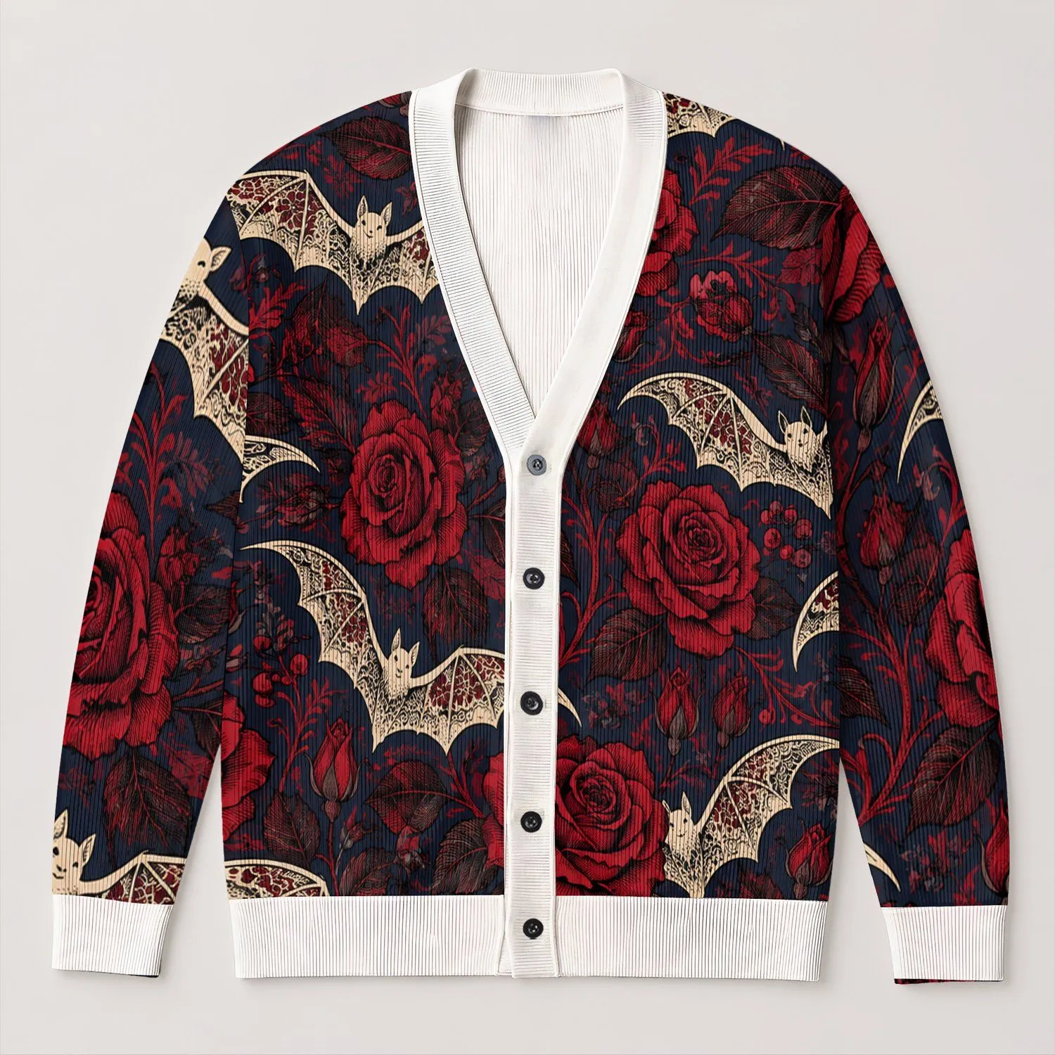 Red Rose Bats Halloween Layering Style for Men and Women, Gothic Floral Evening Wear All-over Print Knitted Cardigan - 1