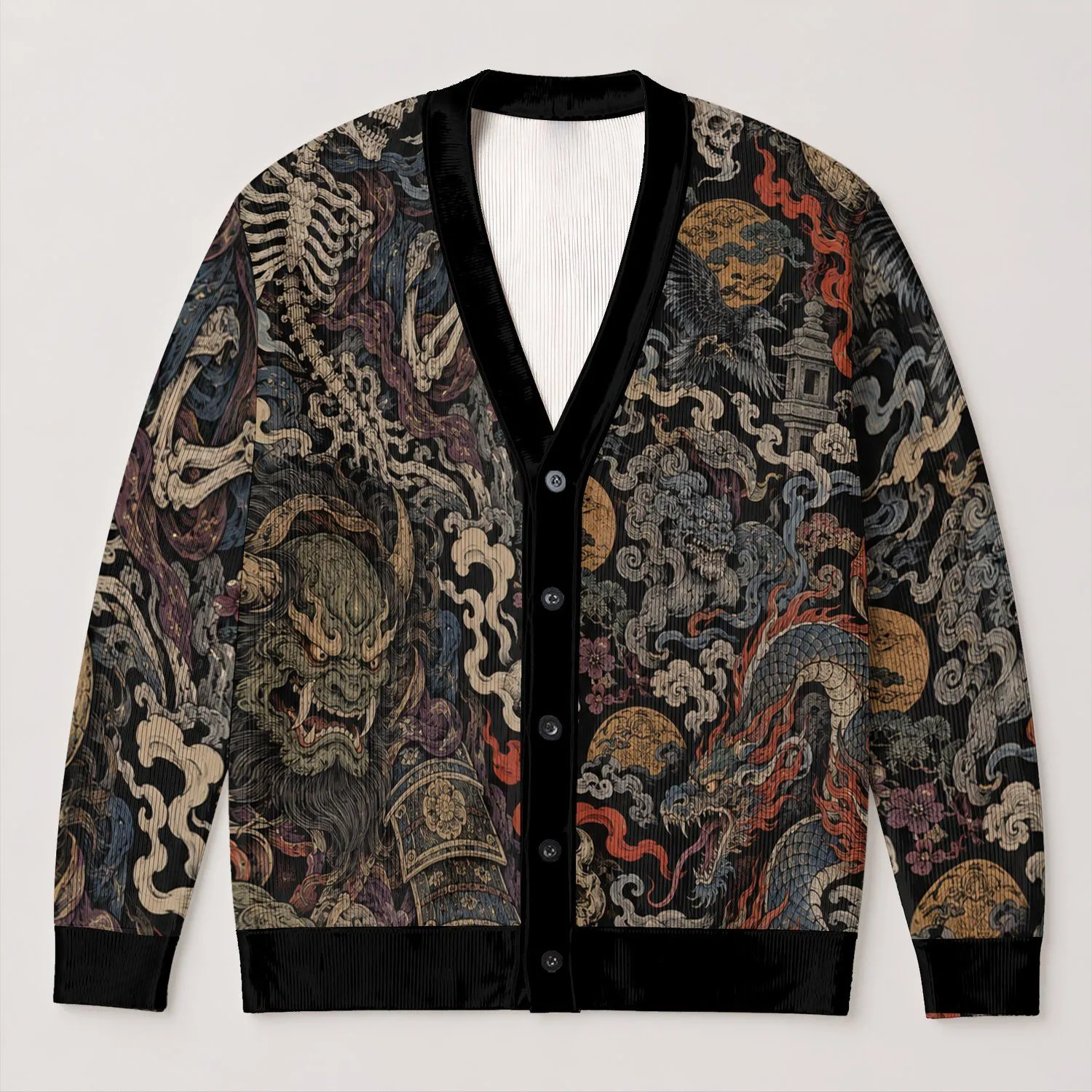Japanese Yokai Demons And Serpents For Bold Streetwear Layering And Night Out Style All-over Print Knitted Cardigan - 1