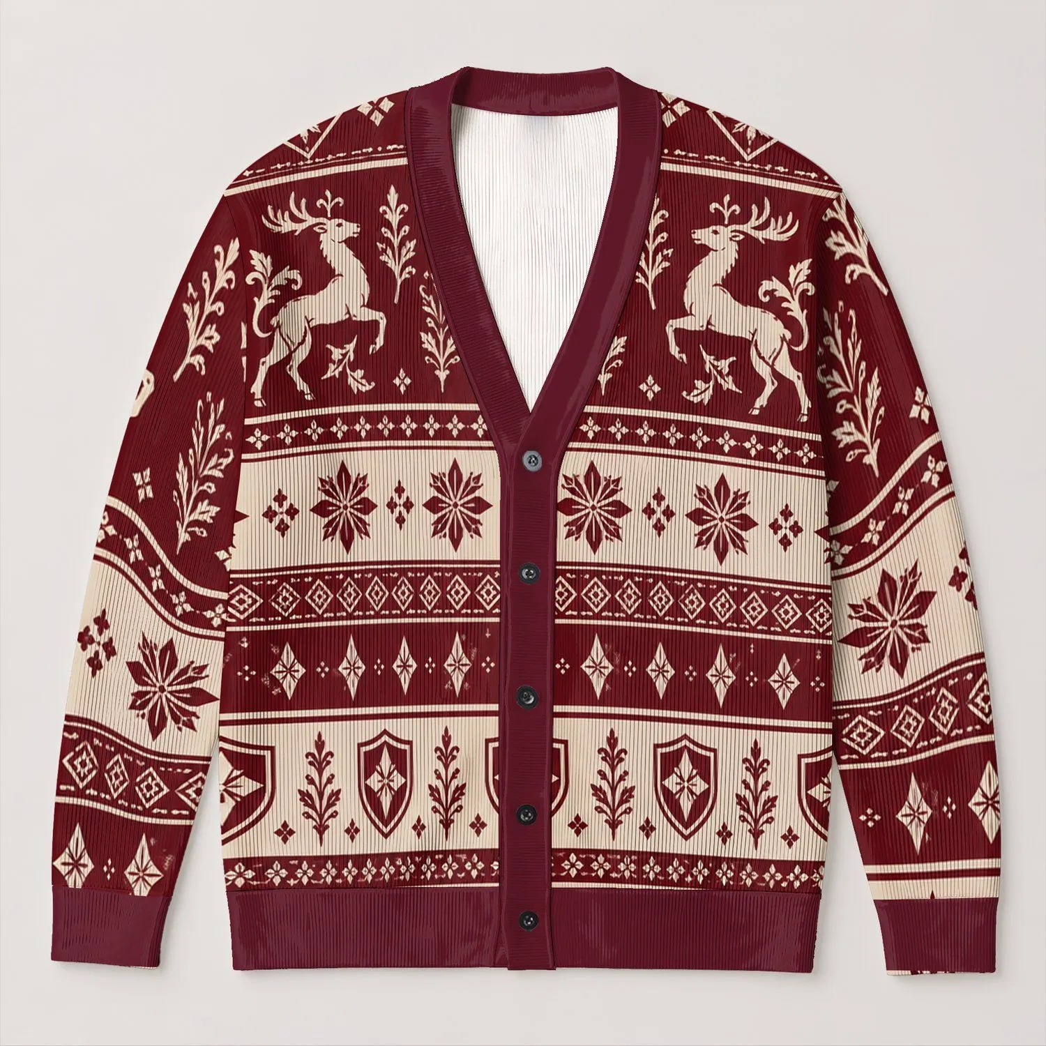 Burgundy Ivory Nordic Snowflakes and Heraldic Stags for Festive Winter Layering Men All-over Print Knitted Cardigan - 1