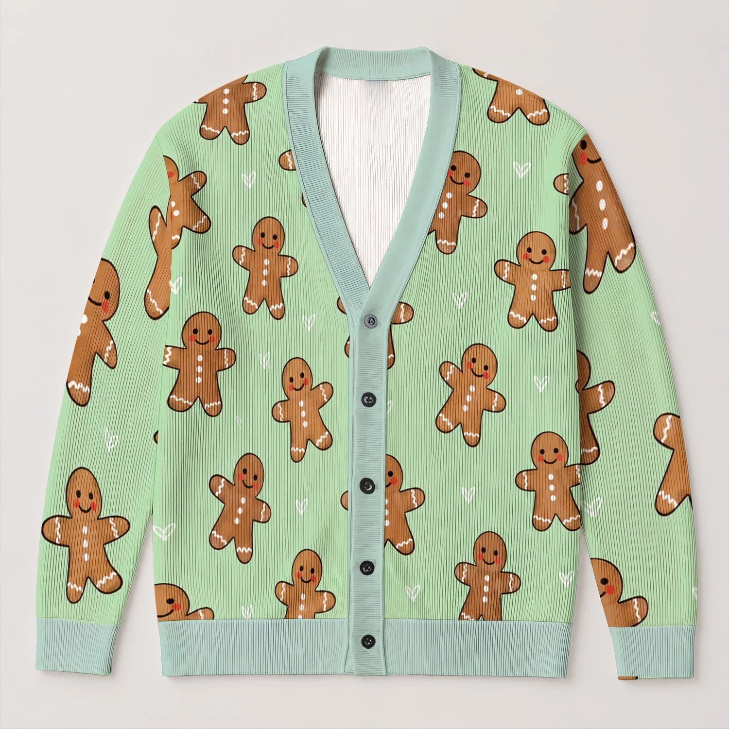 Gingerbread Men And White Hearts For Festive Holiday Cheer, Women’s Winter Style Outfits All-over Print Knitted Cardigan - 1