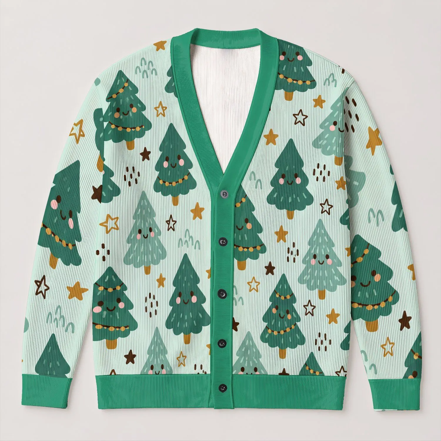 Cute Evergreen Trees And Stars For Cozy Holiday Gatherings And Festive Winter Layering All-over Print Knitted Cardigan - 1