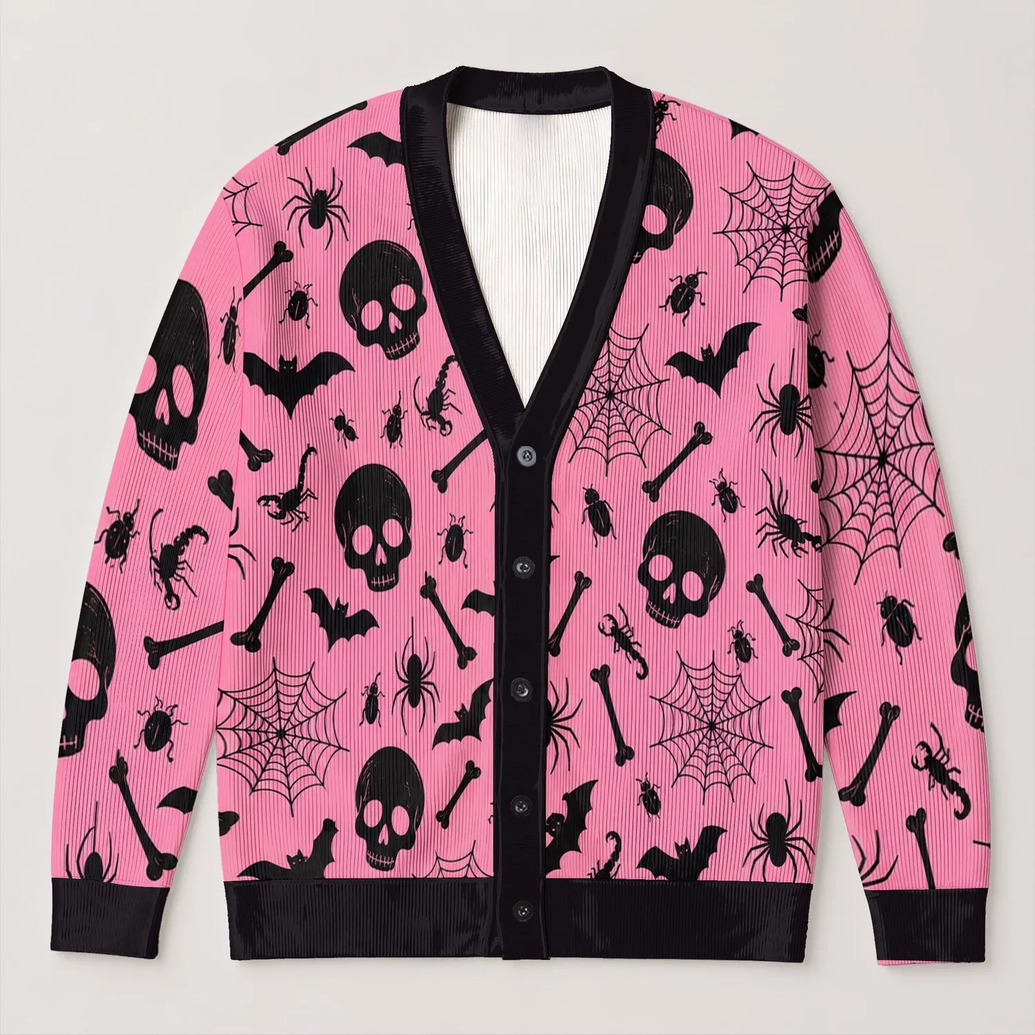 Black Skull Spider Web Halloween Style For Spooky Seasonal Everyday Layering Wear All-over Print Knitted Cardigan - 1