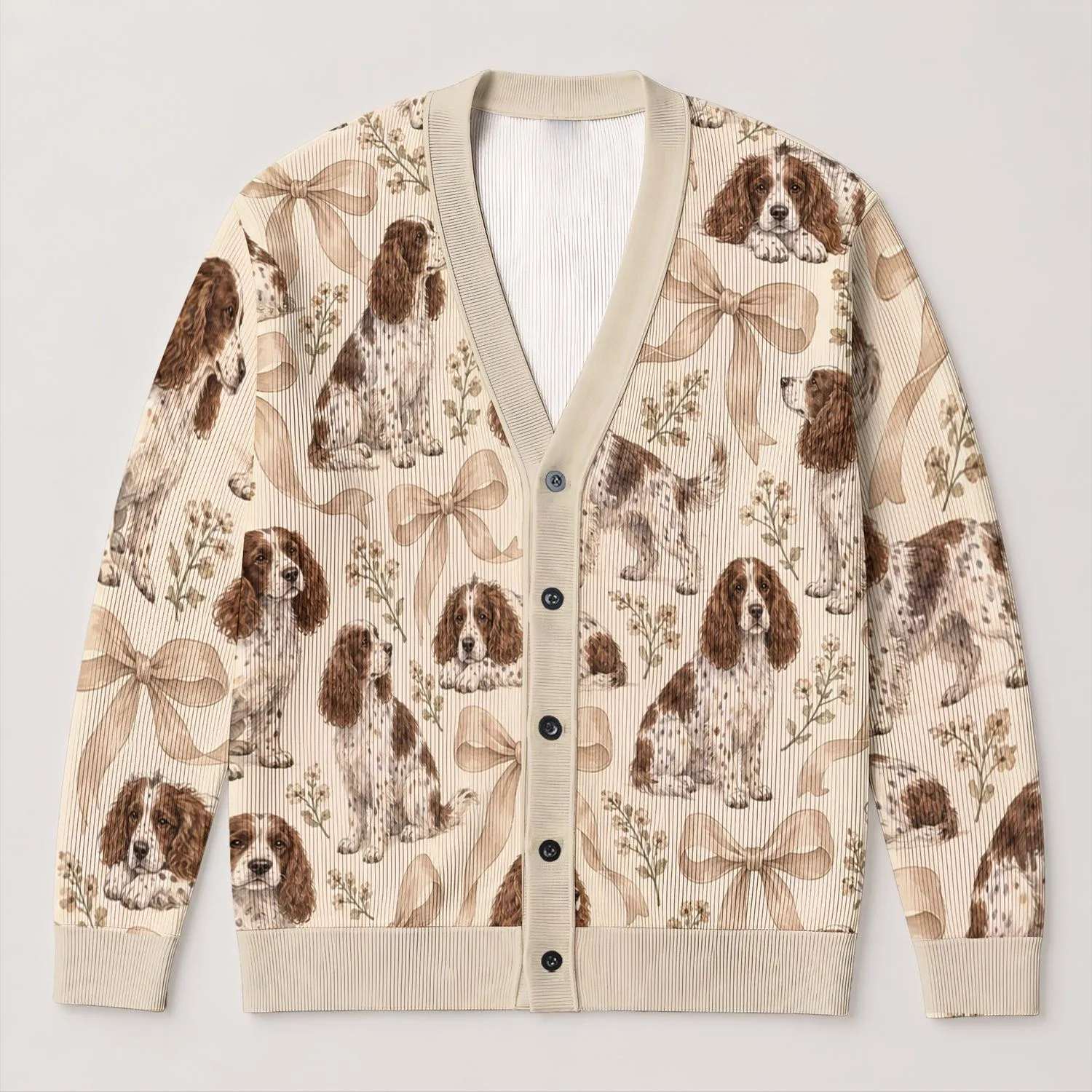 Speckled Spaniel Dogs With Ribbon Bows For Cozy Everyday Pet Lover Style, Women All-over Print Knitted Cardigan - 1