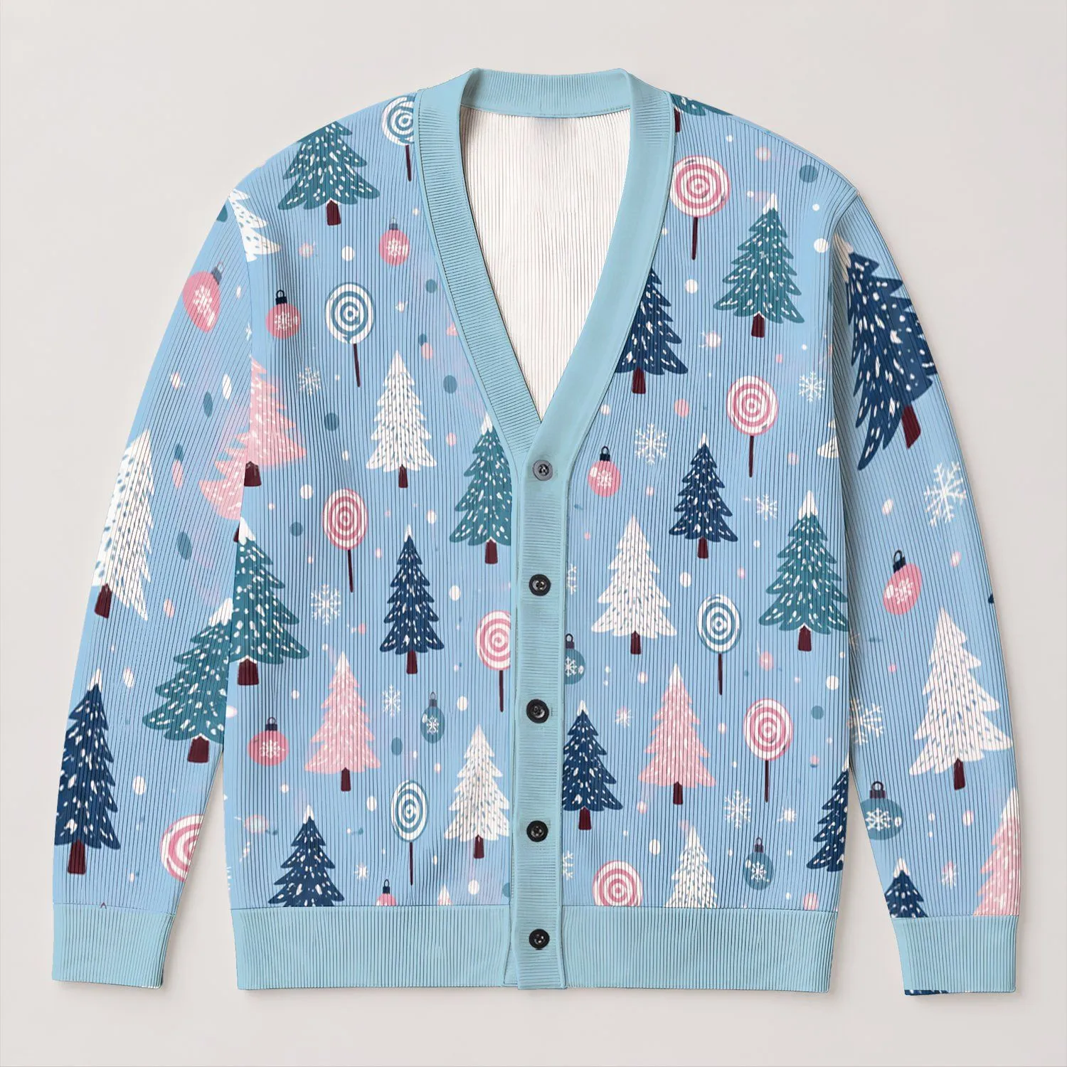 Blue Christmas Tree Lollipops for Festive Winter Layering and Cheerful Women's Style All-over Print Knitted Cardigan - 1