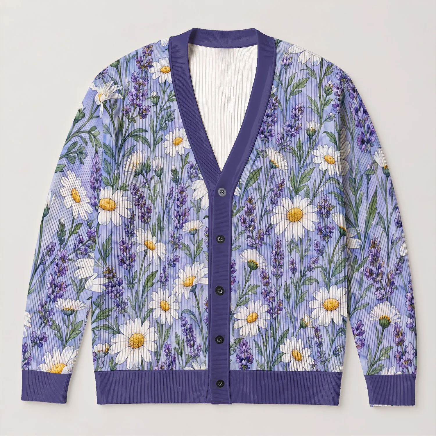 Lavender Daisy Floral Blooms for Everyday Layering and Relaxed Commuting Style Women All-over Print Knitted Cardigan - 1
