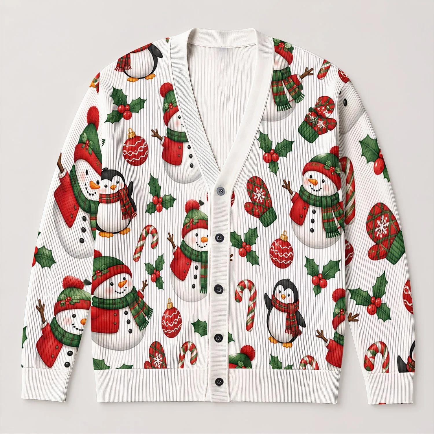 Snowmen And Penguins For Cozy Christmas Gatherings, Winter Cheer, And Holiday Style All-over Print Knitted Cardigan - 1