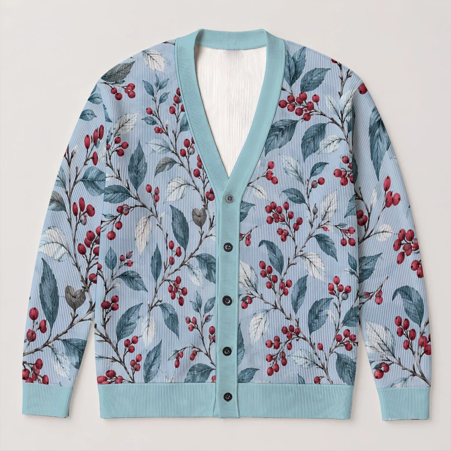 Light Blue Red Berry Branches for Winter Celebrations and Everyday Layering for Women All-over Print Knitted Cardigan - 1