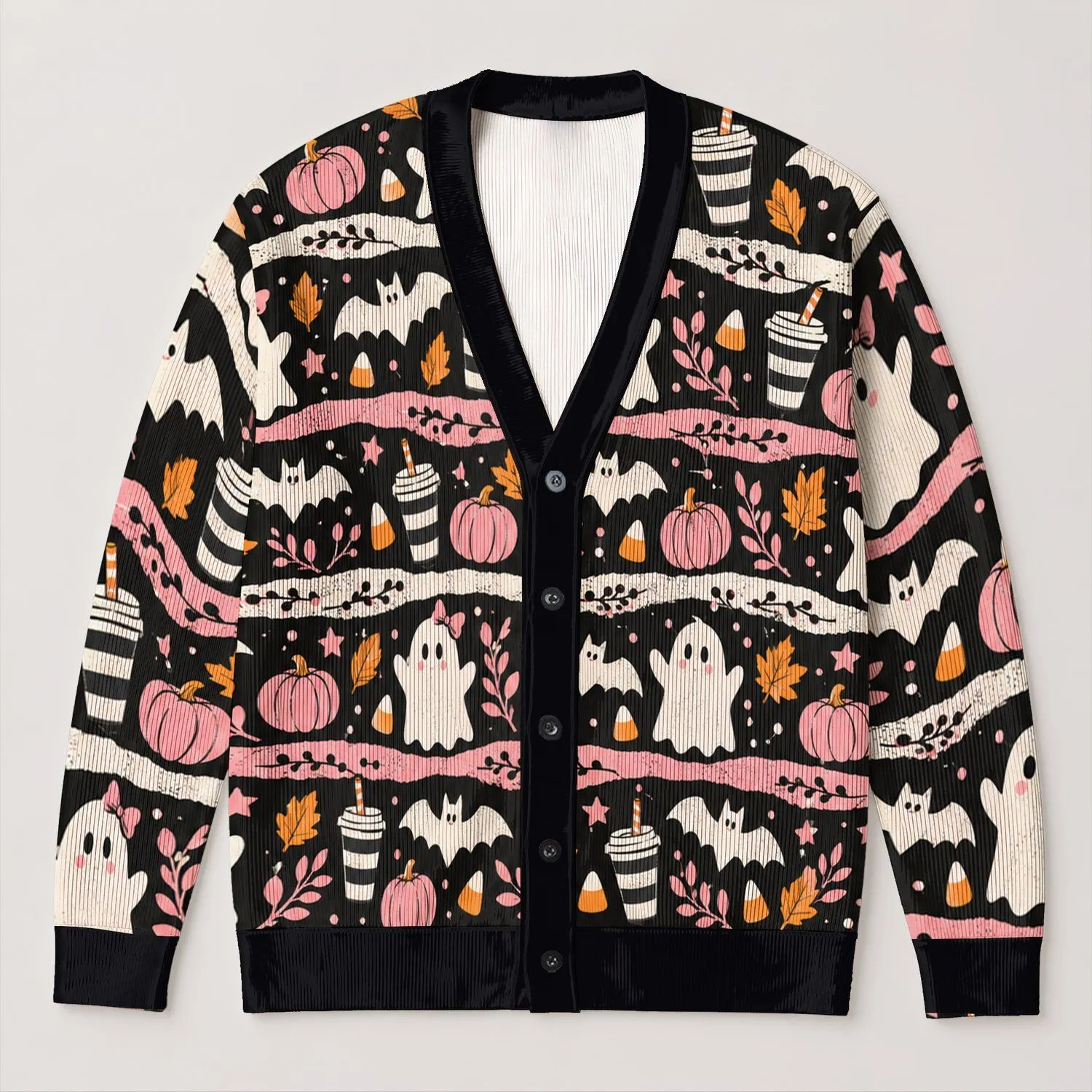 Whimsical Ghosts, Bats And Pink Autumn Florals For Cozy Halloween Layering Style All-over Print Knitted Cardigan - 1