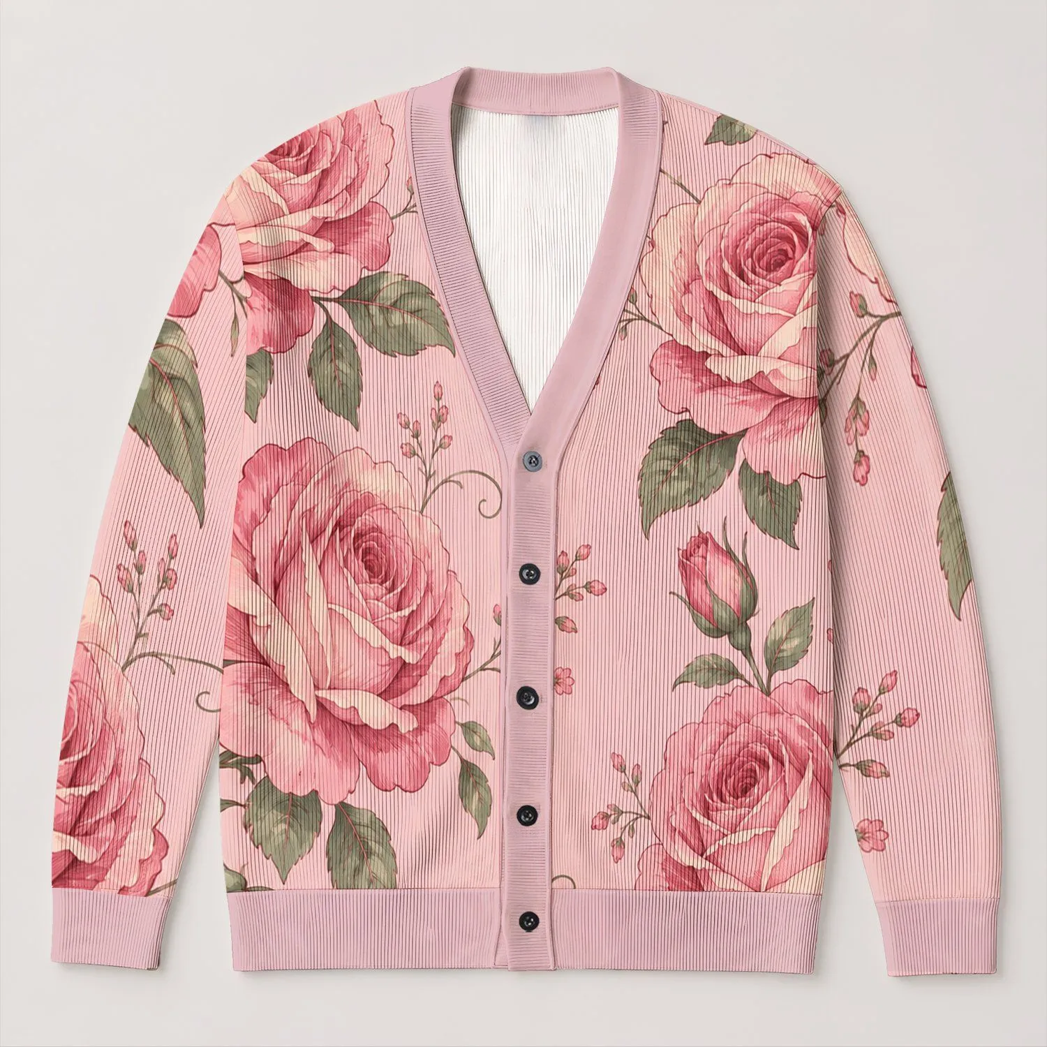 Blush Pink Rose Motif for Soft Autumn Layering and Romantic Everyday Women's Style All-over Print Knitted Cardigan - 1