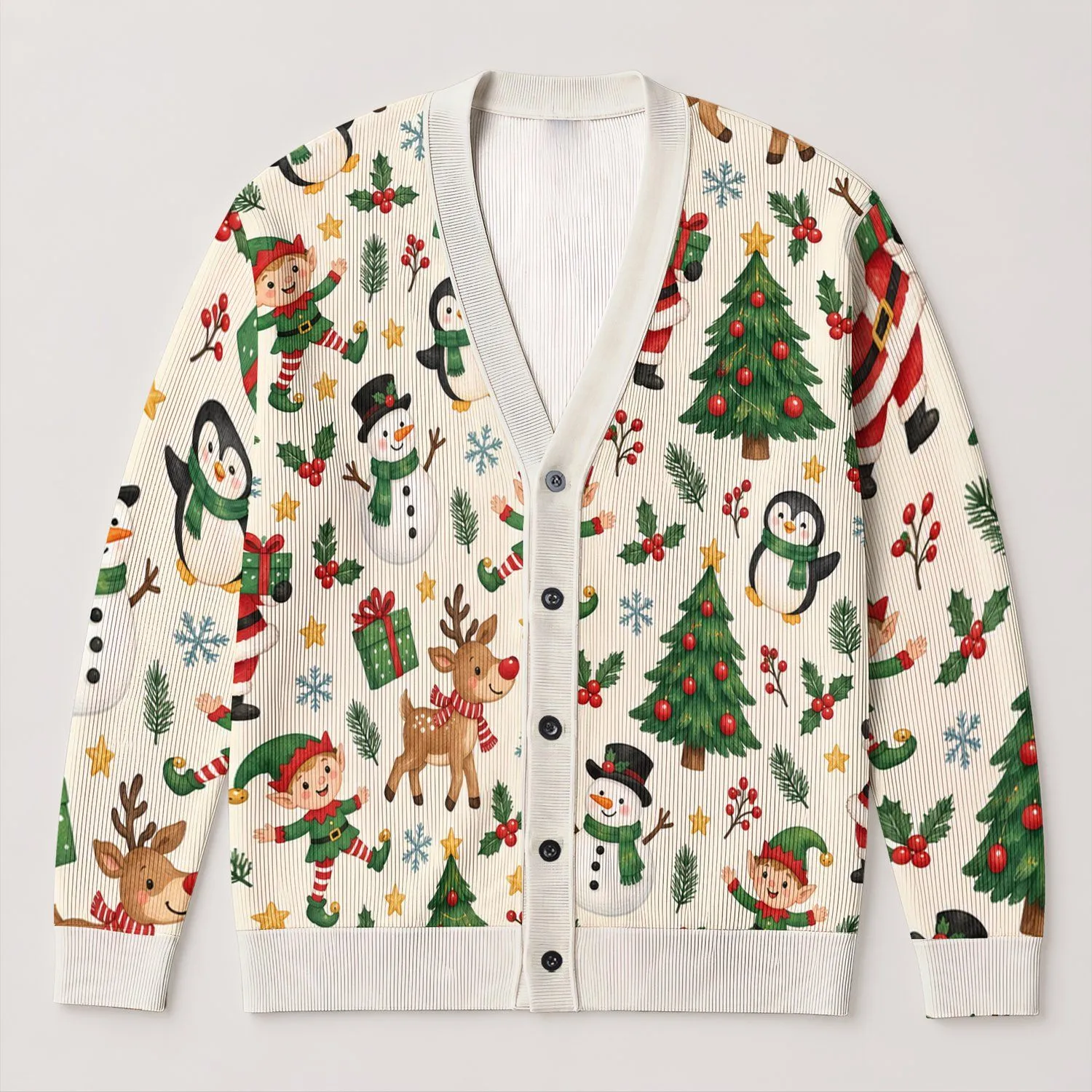 Santa Christmas Trees Elves and Penguins for Cozy Holiday Gatherings and Winter Cheer All-over Print Knitted Cardigan - 1