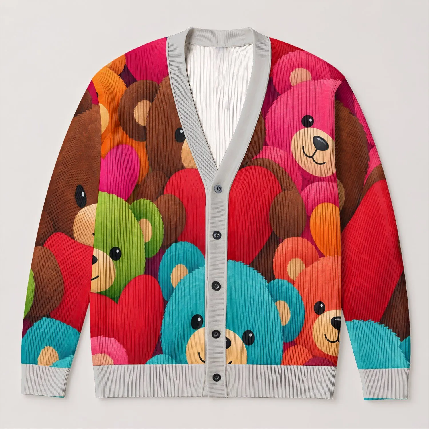 Colorful Bear Hearts for Cozy Everyday Layering and Cheerful Weekend Adventures Together All-over Print Knitted Cardigan - 1
