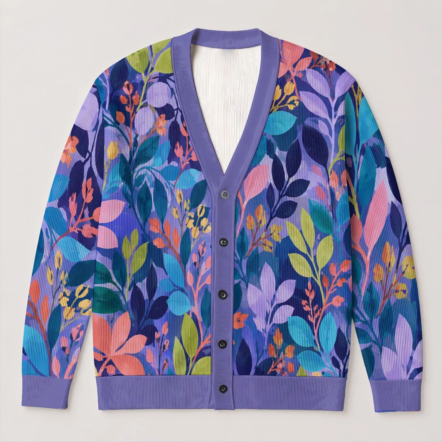 Colorful Botanical Leaves for Relaxed Everyday Layering and Creative Weekend Style All-over Print Knitted Cardigan - 1
