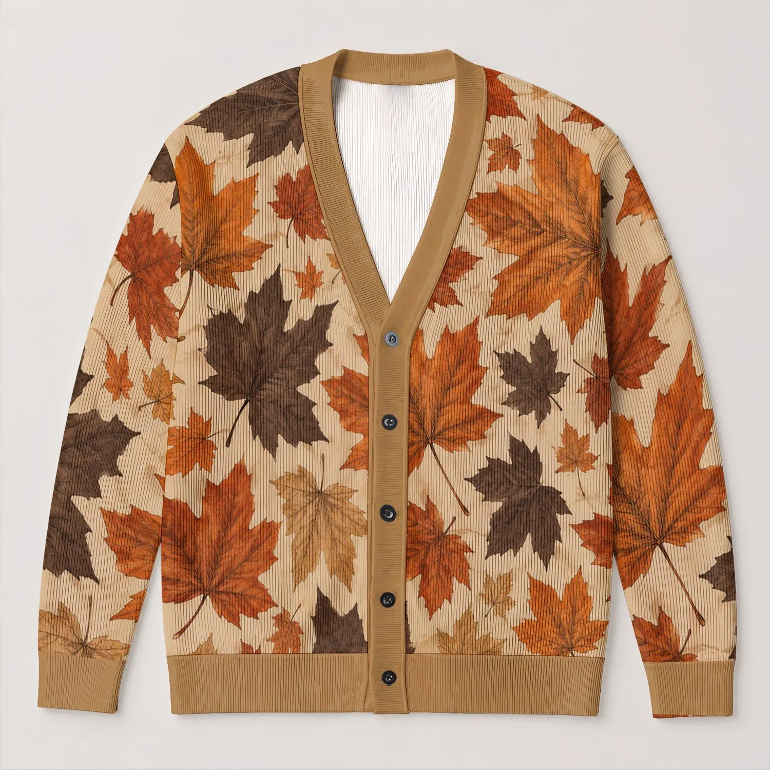 Autumn Maple Leaves in Warm Earth Tones for Cozy Layering on Weekend Outings All-over Print Knitted Cardigan - 1