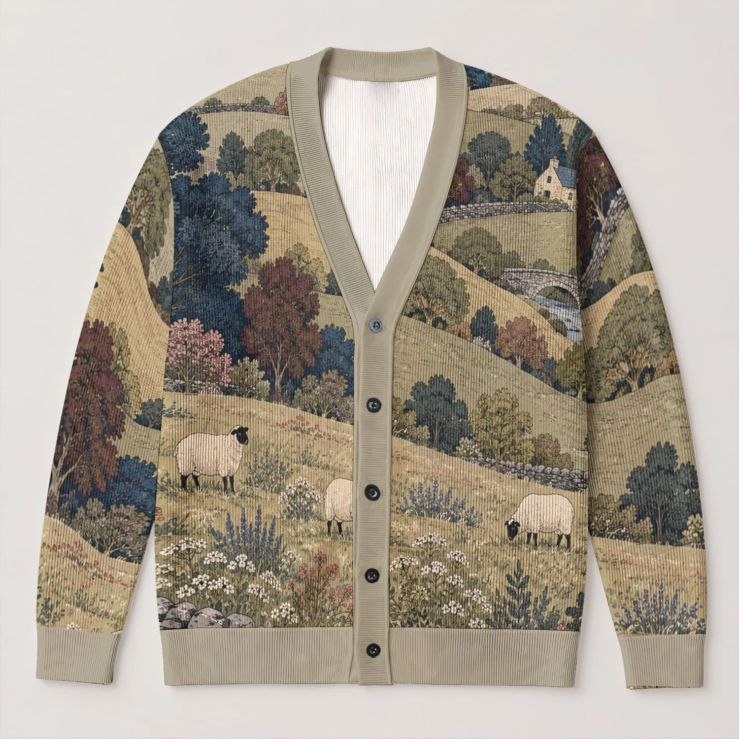 Sheep In Rolling Hills Landscape For Cozy Countryside Layering And Relaxed Weekend Wear All-over Print Knitted Cardigan - 1