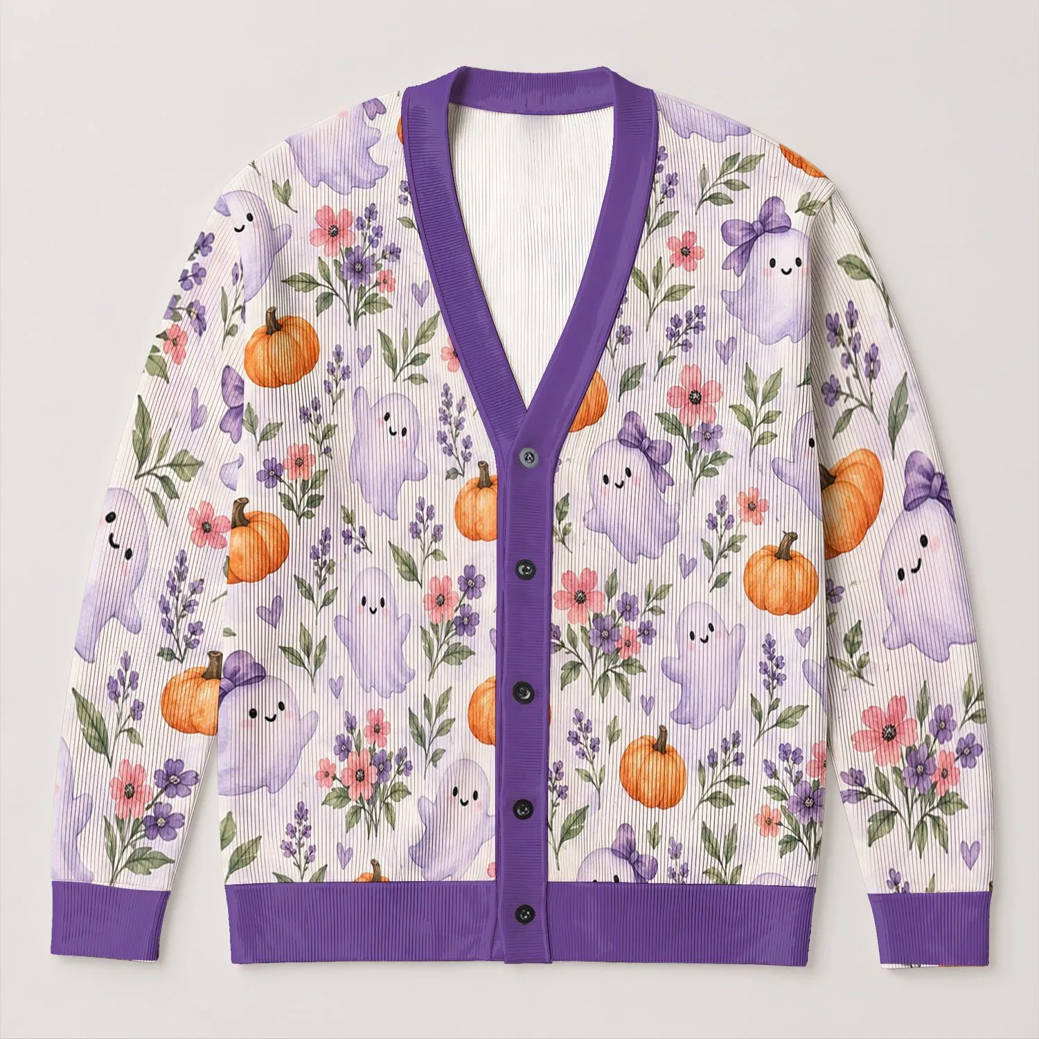 Cute Purple Ghost Pumpkin Floral Fall Layering Gift For Women Halloween Lovers Cozy Days All-over Print Knitted Cardigan - 1