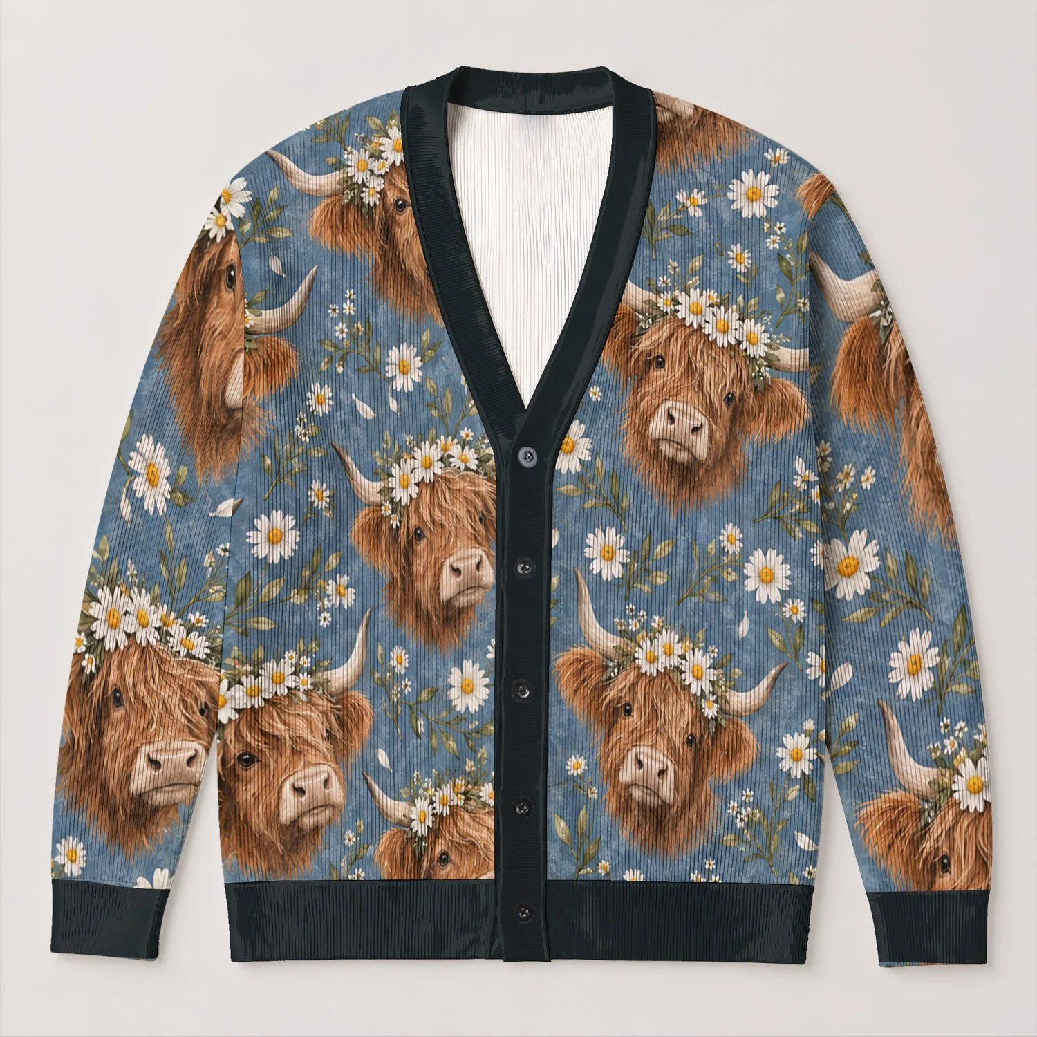 Daisy Crown Highland Cow Portraits for Cozy Farmhouse Weekends and Nature Lovers All-over Print Knitted Cardigan - 1