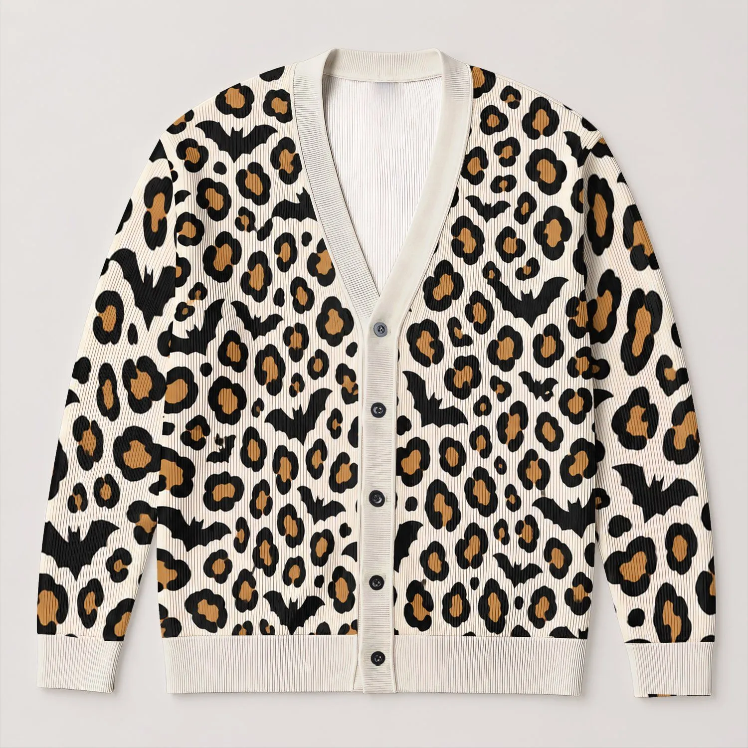 Halloween Leopard Bats for Casual Autumn Layering, Witchy Animal Style for Women All-over Print Knitted Cardigan - 1