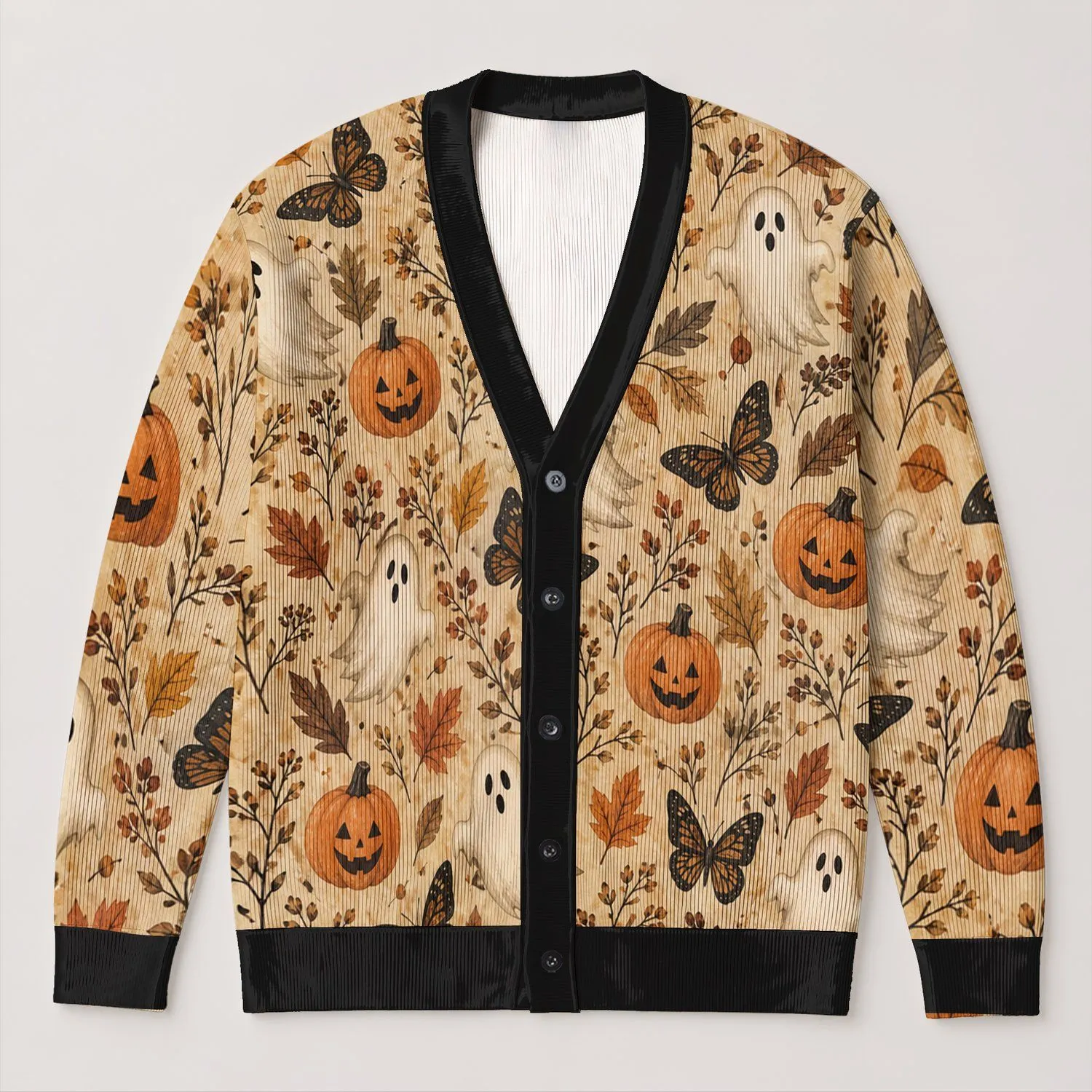 Halloween Ghost Pumpkin Butterfly Autumn Layering Gift for Women, Boho Style Lovers All-over Print Knitted Cardigan - 1