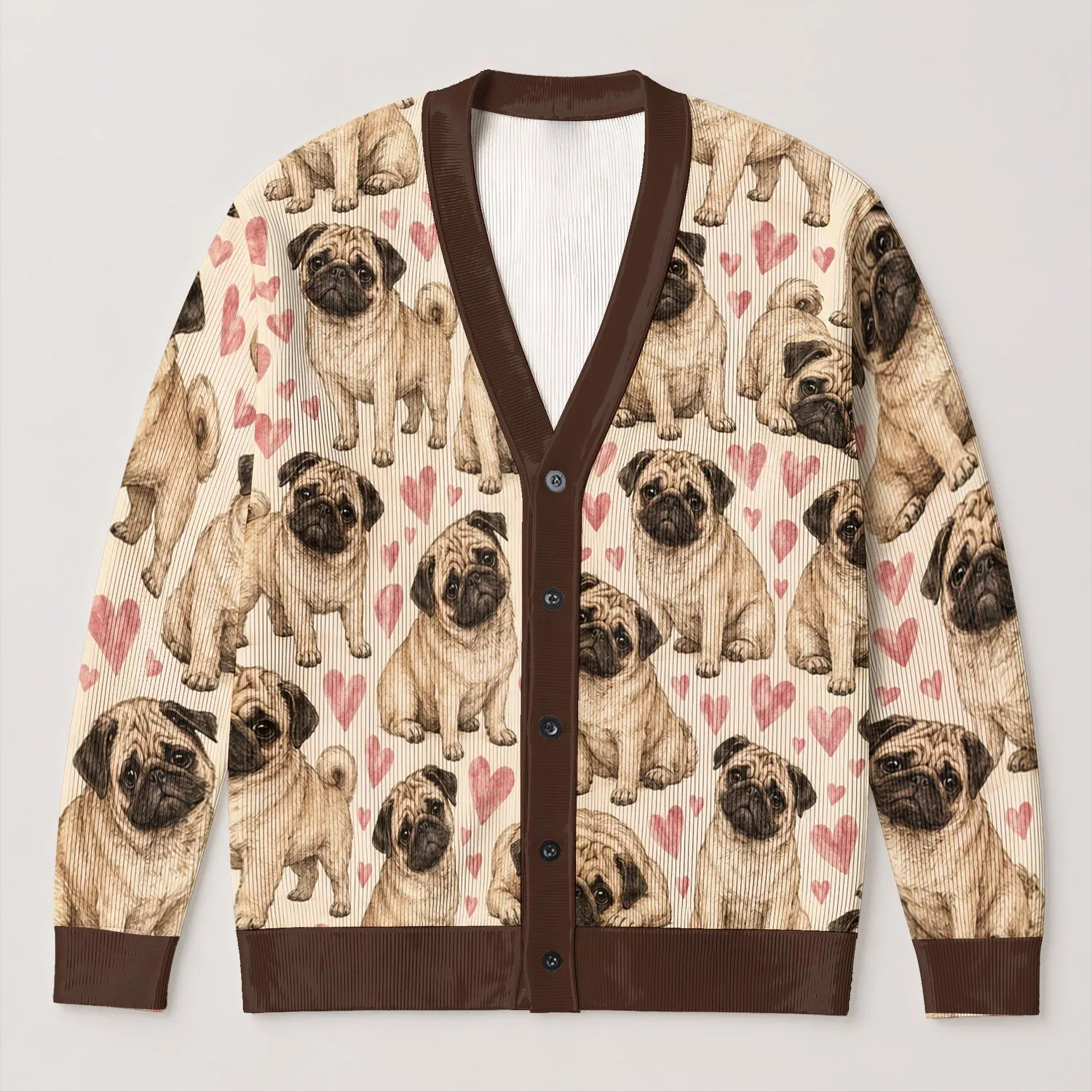 Pug Dog Hearts For Cozy Everyday Layering And Casual Weekend Wear For Women Dog Lovers All-over Print Knitted Cardigan - 1