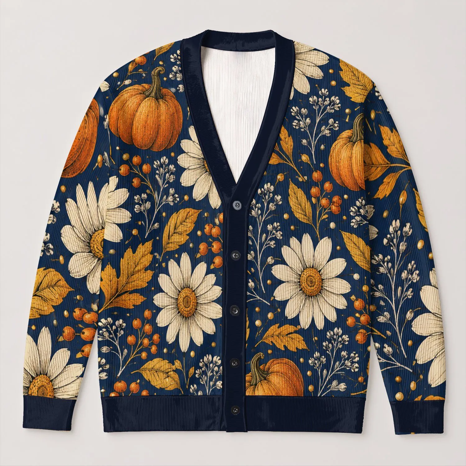 Pumpkin Daisy Autumn Blooms For Cozy Fall Layering And Everyday Women’s Style Looks All-over Print Knitted Cardigan - 1