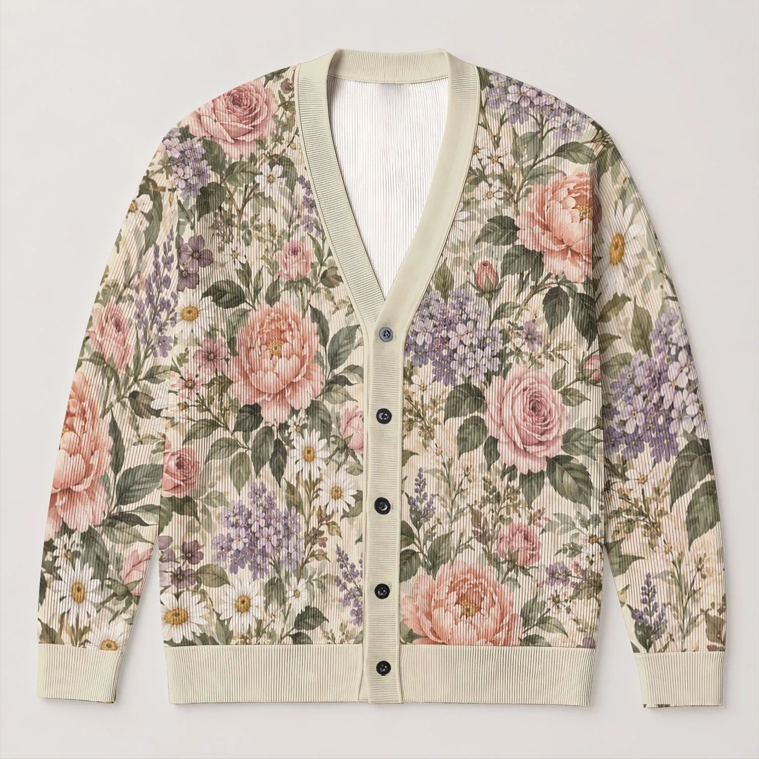 Vintage Meadow Blooms for Relaxed Weekend Layering and Soft Cottage Garden Wardrobes All-over Print Knitted Cardigan - 1