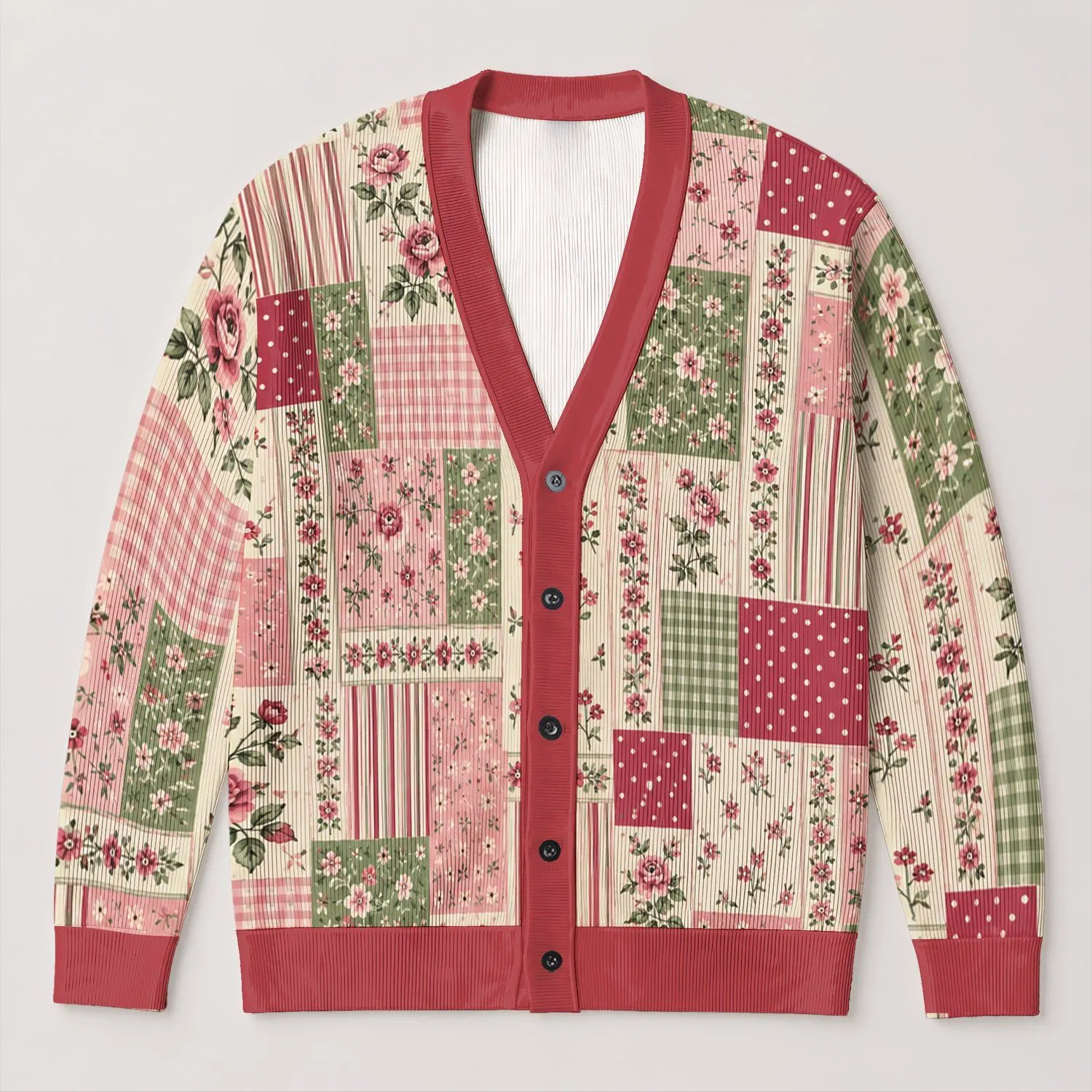 Women's Rose Floral Patchwork Layering Top For Spring Casual Cottagecore Gift Style All-over Print Knitted Cardigan - 1