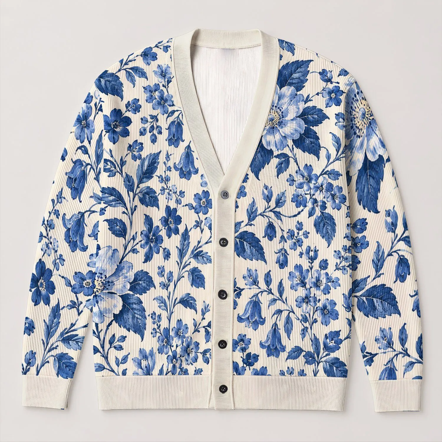 Blue Botanical Blooms for Relaxed Spring Layering and Everyday Women’s Casual Style All-over Print Knitted Cardigan - 1
