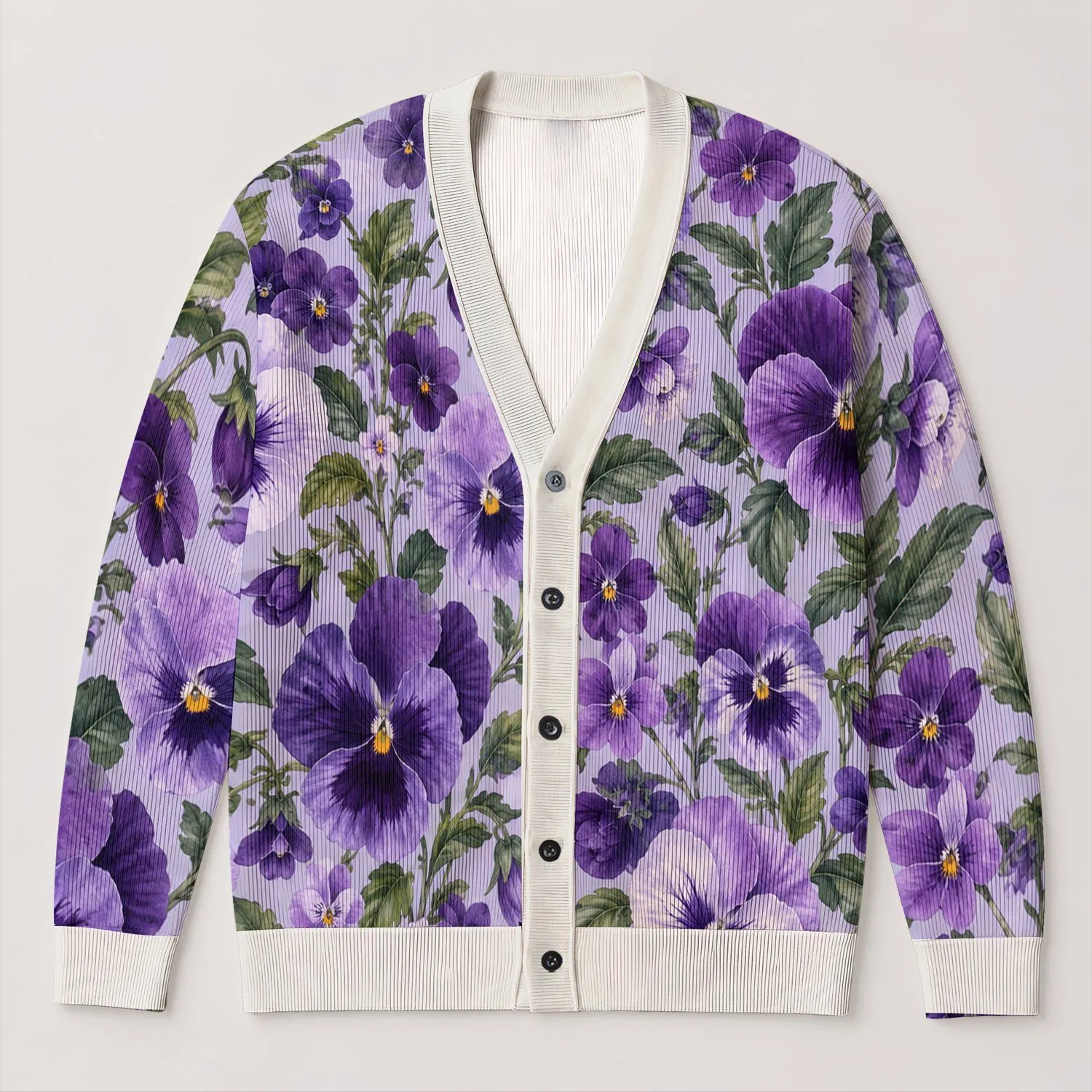 Purple Pansy Blooms for Relaxed Spring Layering and Everyday Garden Style Dressing All-over Print Knitted Cardigan - 1