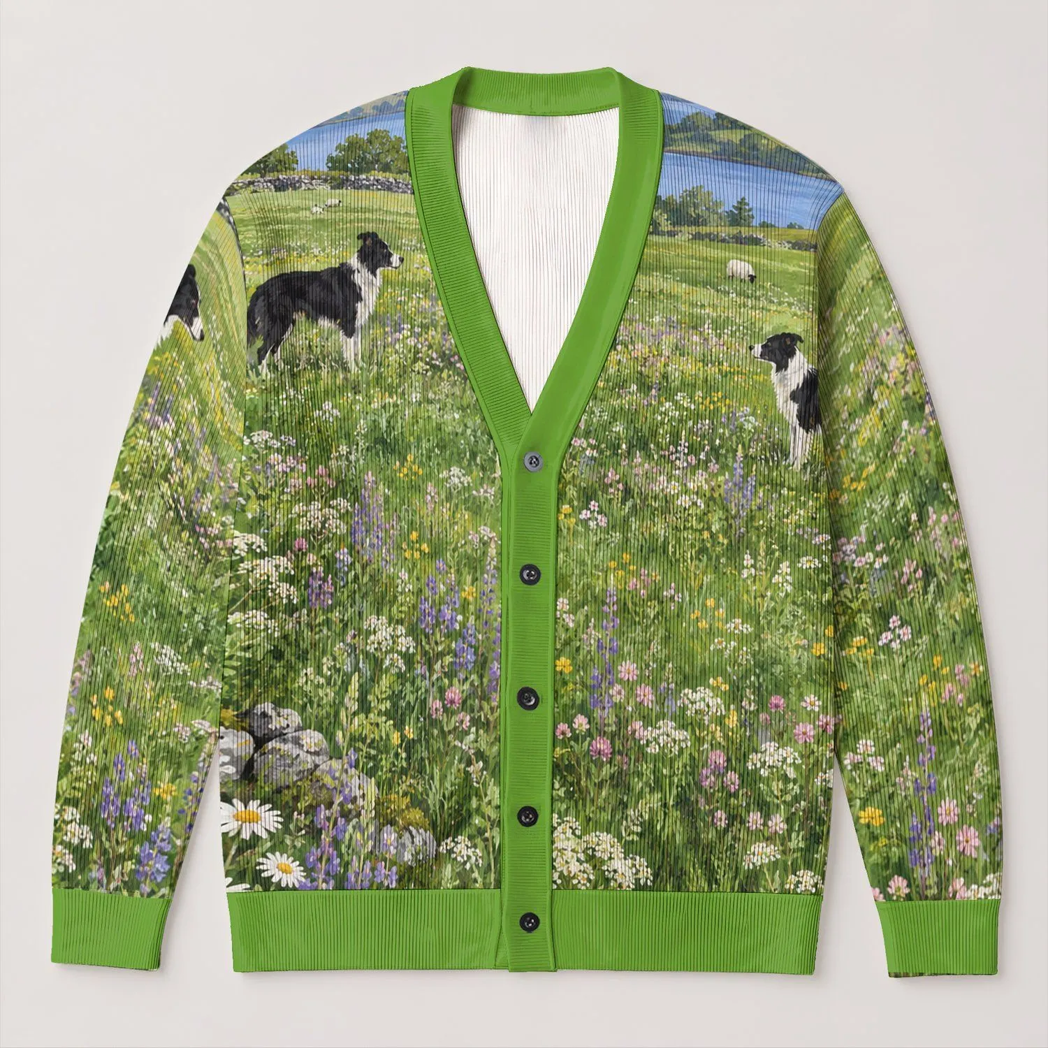 Sheepdog Meadow Green Layering Style for Countryside Walks, Weekends, and Travel All-over Print Knitted Cardigan - 1