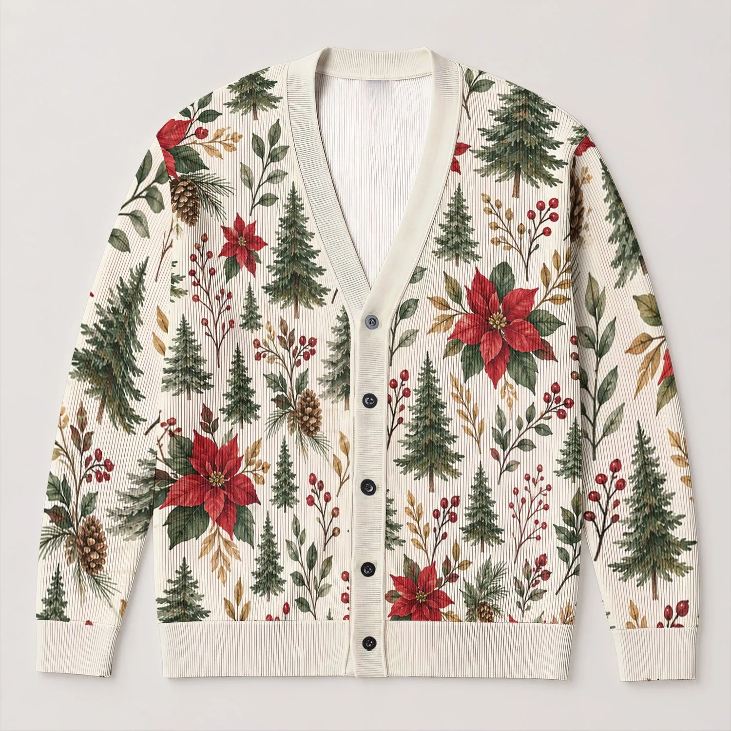 Winter Woodland Trees And Red Florals For Cozy Holiday Layering And Everyday Weekend Wear All-over Print Knitted Cardigan - 1