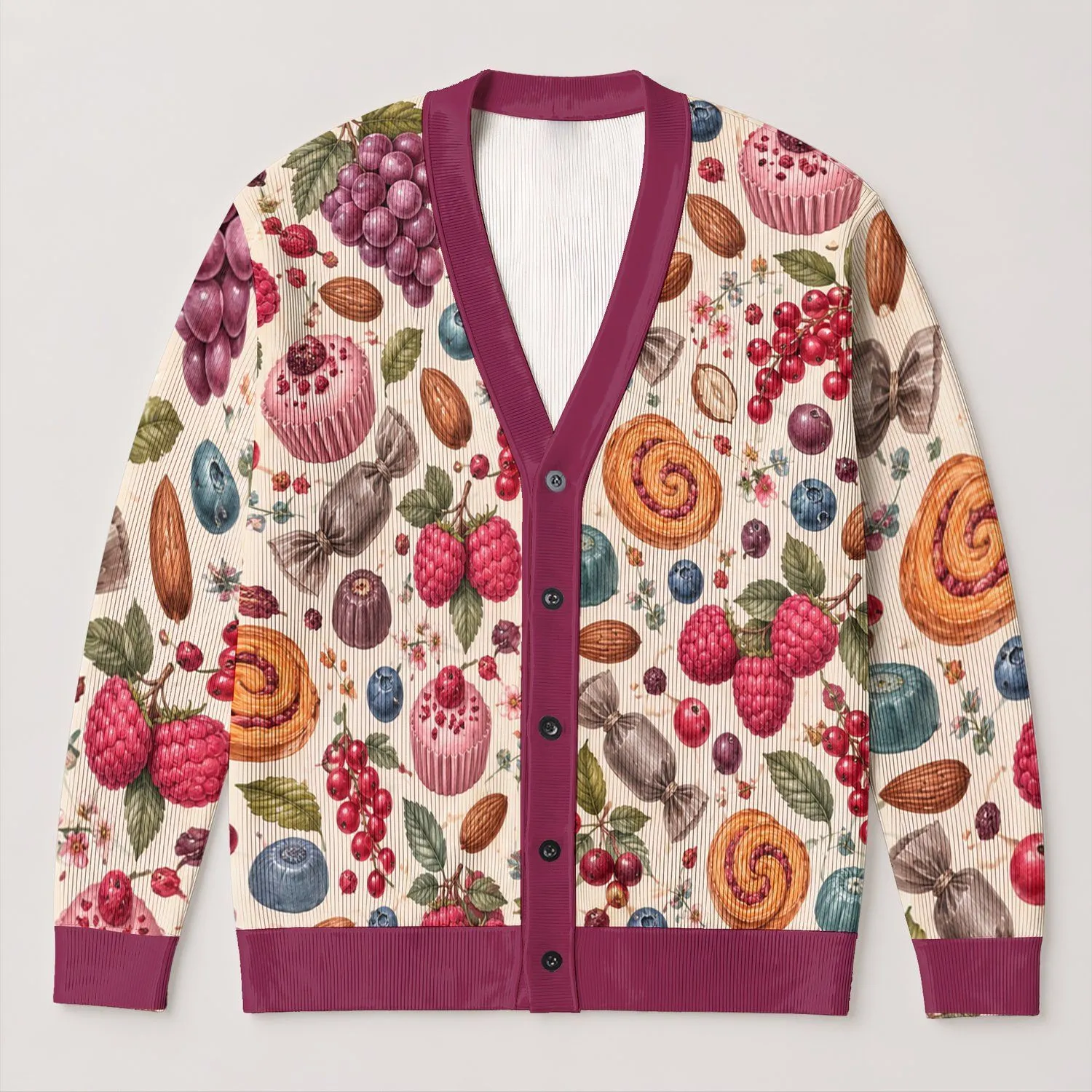 Pastel Berry and Sweet Treat Motifs for Cozy Autumn Layering, Women's Casual Style All-over Print Knitted Cardigan - 1