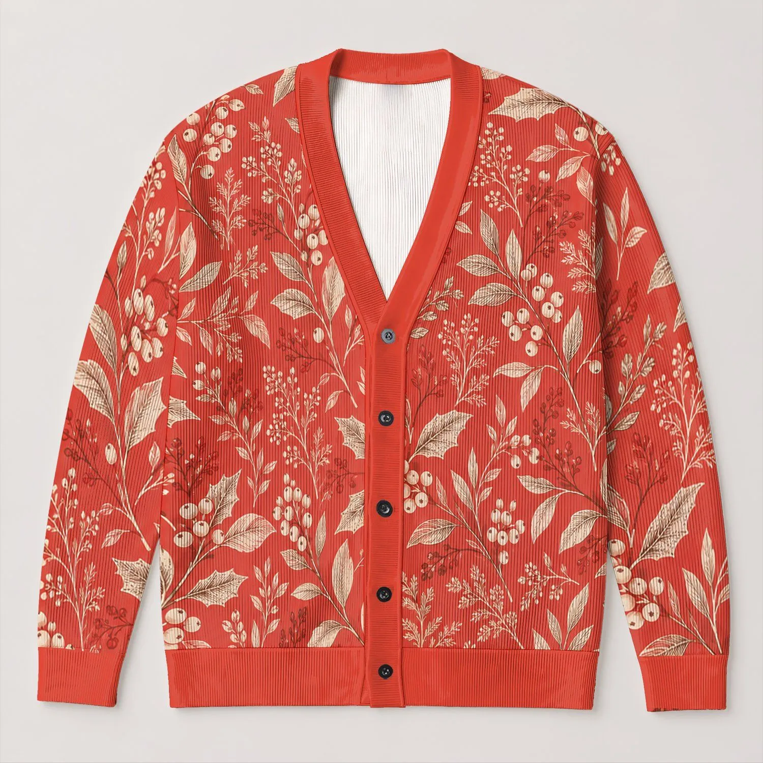 Coral Berry Botanical Floral Motifs for Autumn Layering and Everyday Office Wear All-over Print Knitted Cardigan - 1