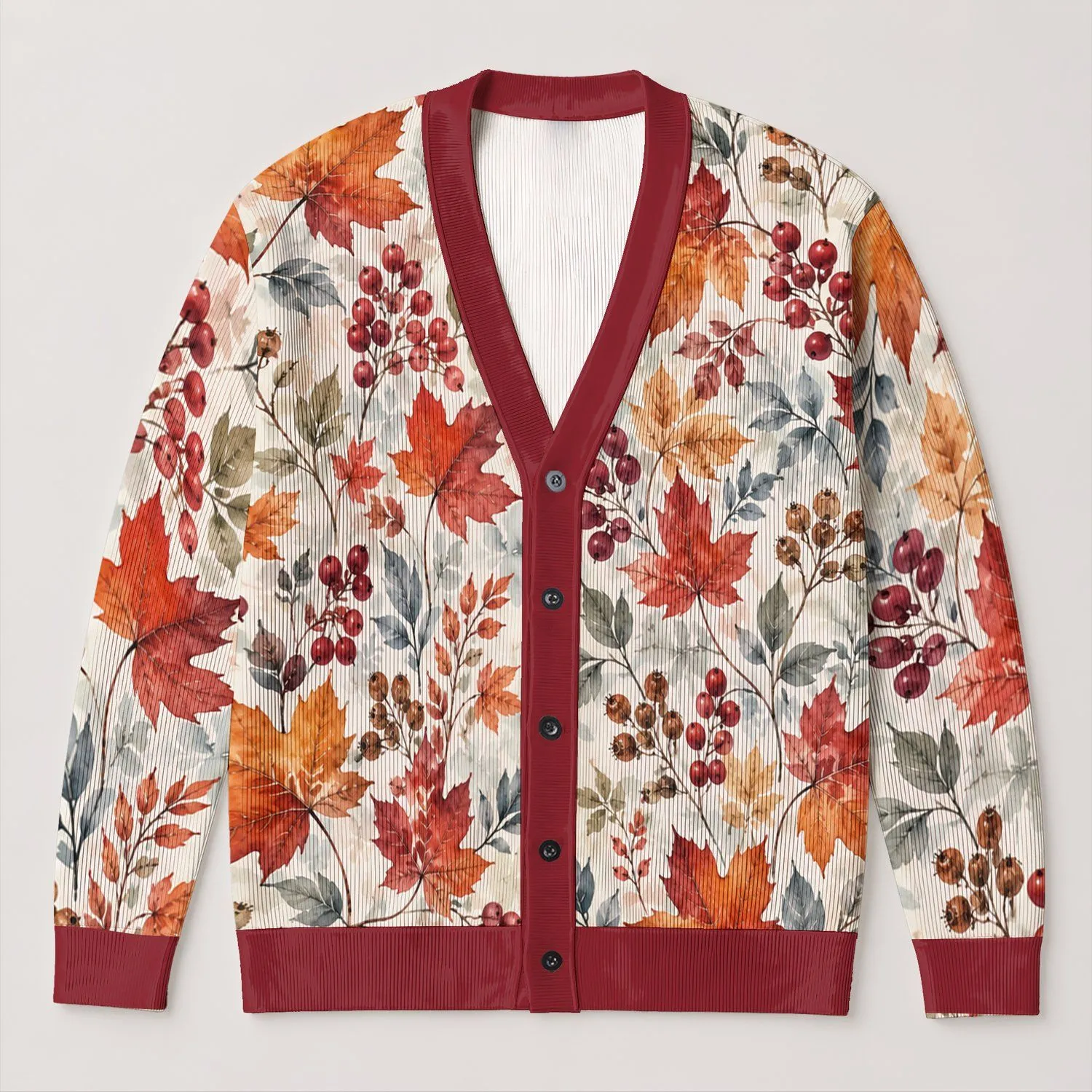 Watercolor Autumn Leaves and Berry Sprigs for Cozy Fall Layering and Weekend Outings All-over Print Knitted Cardigan - 1
