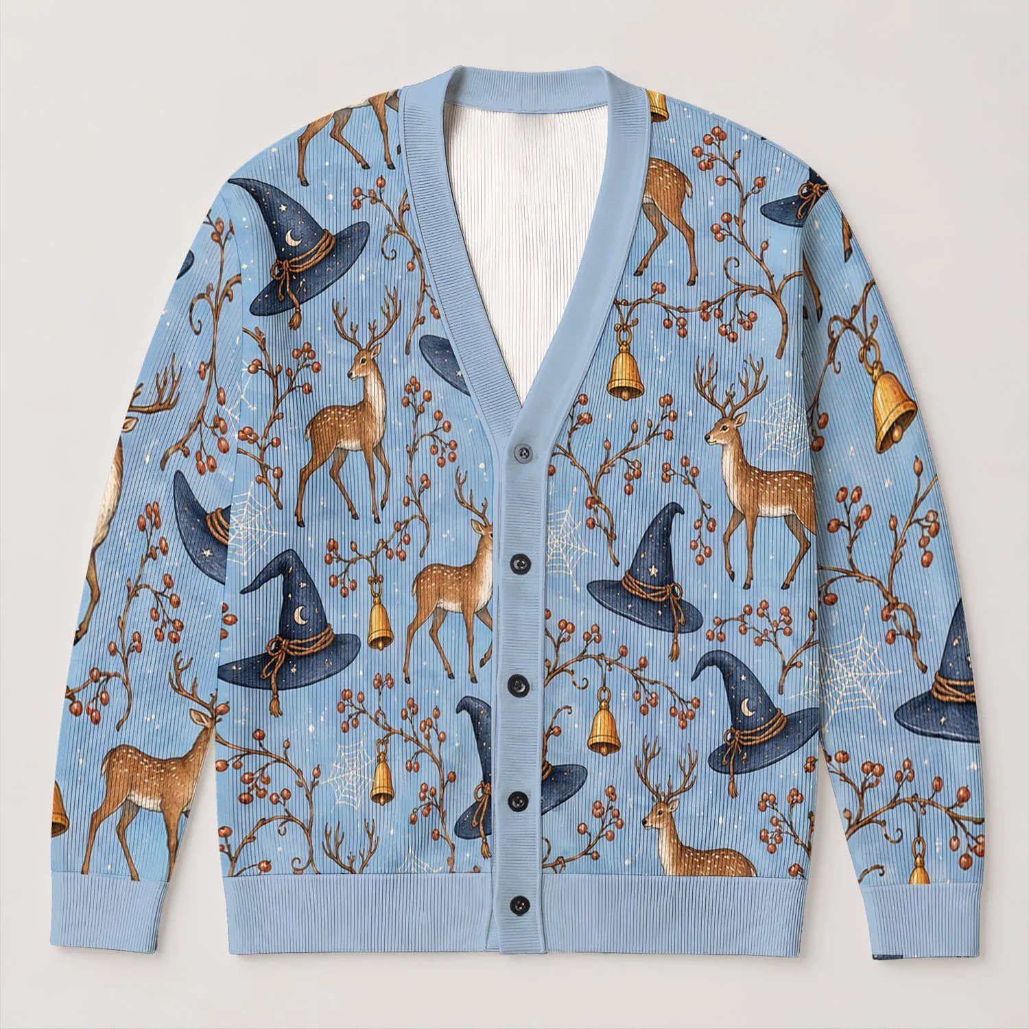 Blue Deer Witch Hats and Golden Bells for Cozy Autumn Gatherings and Gift Giving All-over Print Knitted Cardigan - 1