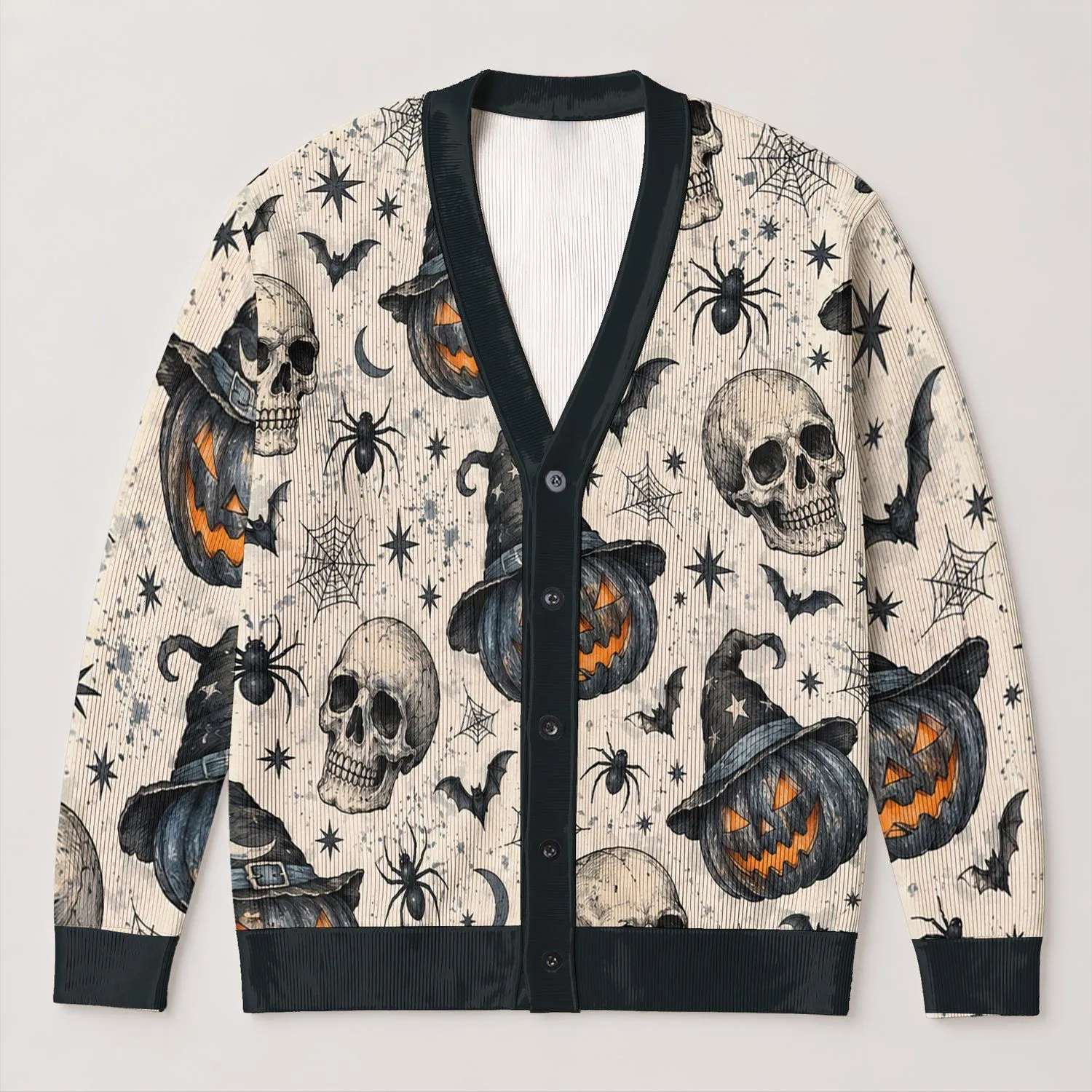 Witch Hat Pumpkin Skulls for Halloween Layering, Women’s Cozy Fall Holiday Style All-over Print Knitted Cardigan - 1
