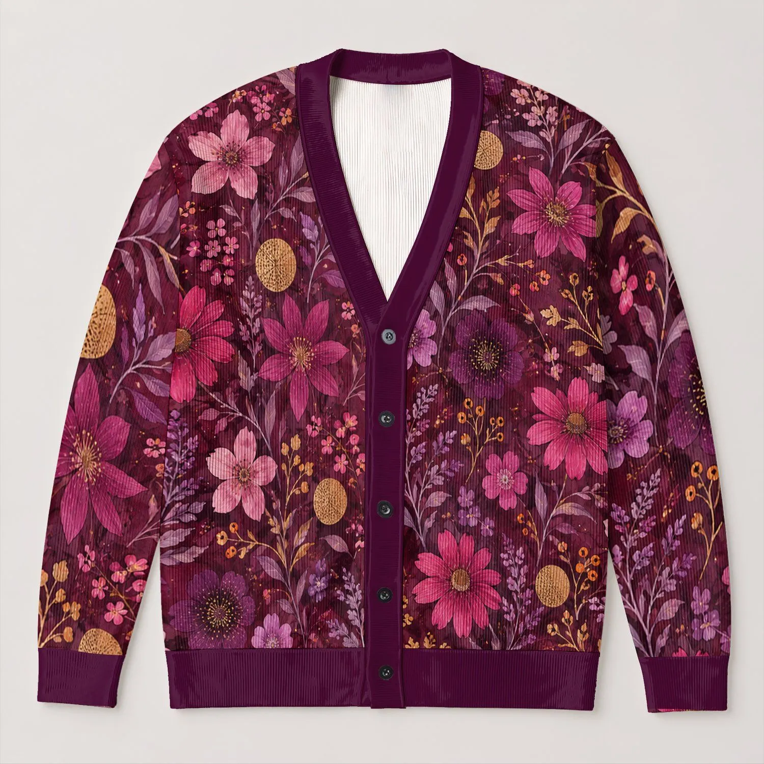 Pink Wildflower Botanical Blooms For Autumn Layering And Everyday Style For Women Gift All-over Print Knitted Cardigan - 1