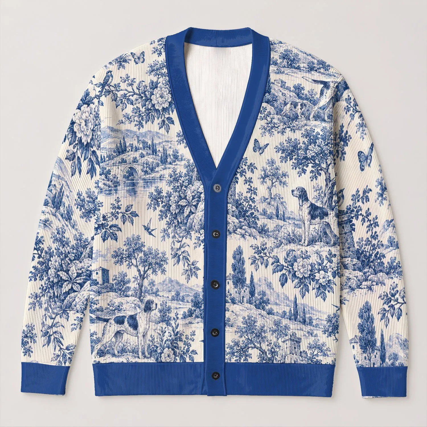Blue And White Toile Dogs And Balloons For French Country Office And Weekend Layering All-over Print Knitted Cardigan - 1